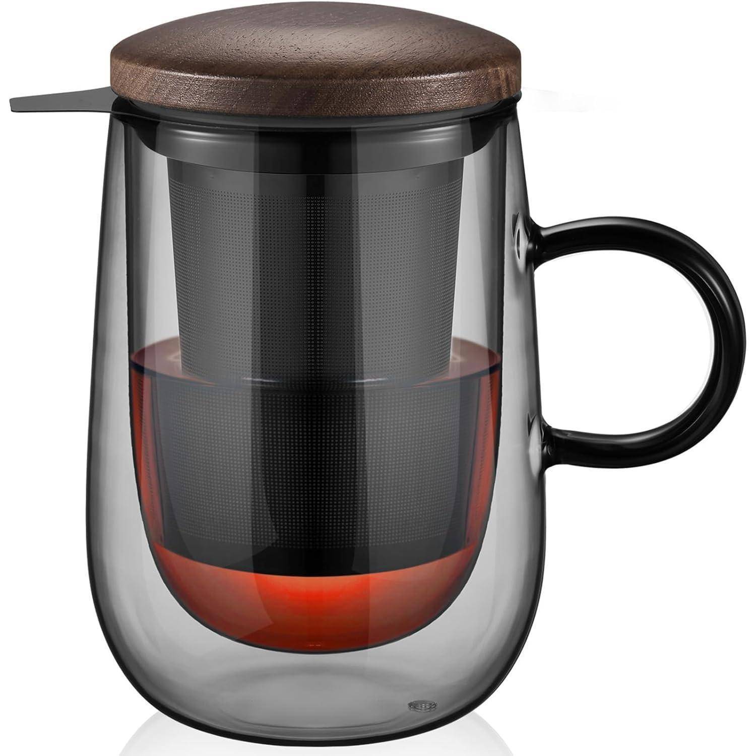 Doppelwandige Teetasse Borosilikatglas 430ml Schwarz mit Metallsieb