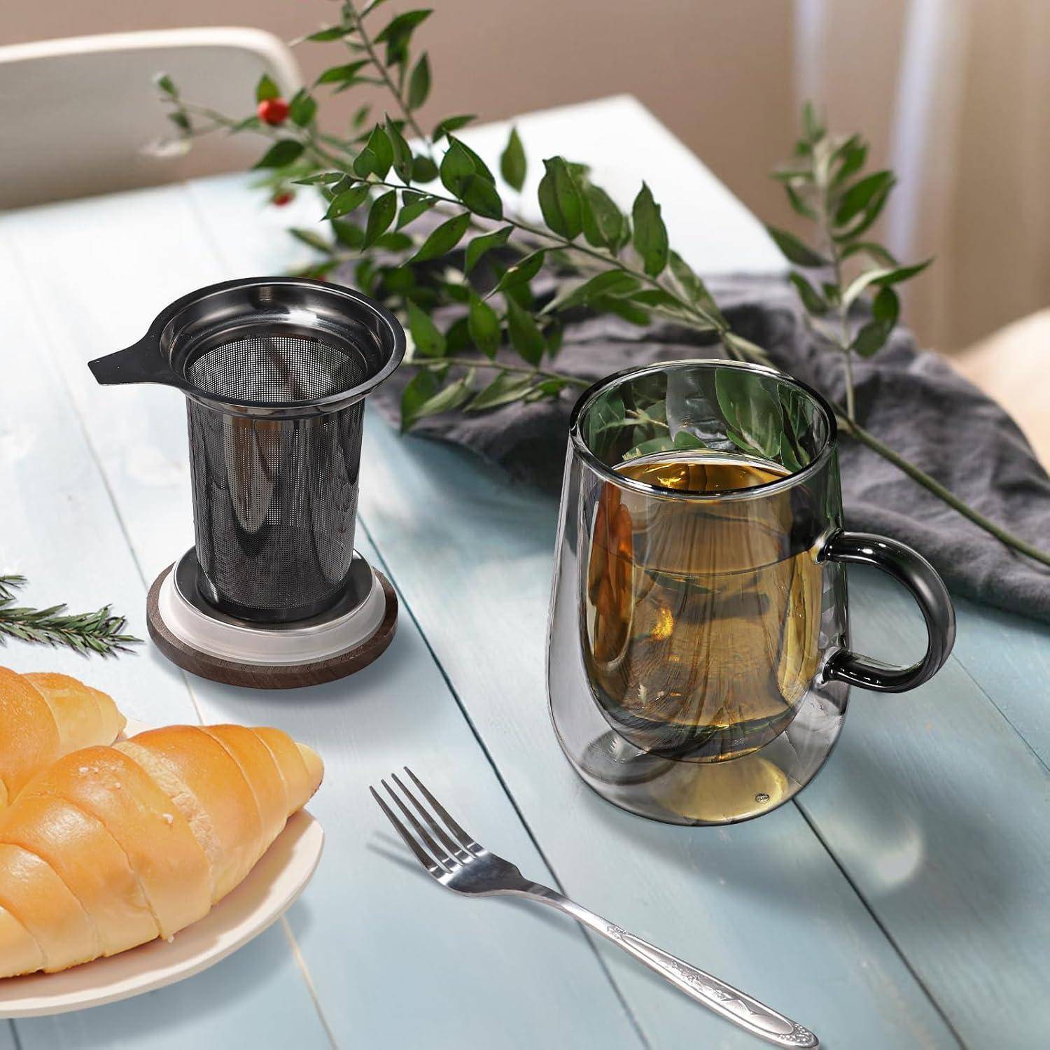 Doppelwandige Teetasse Borosilikatglas 430ml Schwarz mit Metallsieb