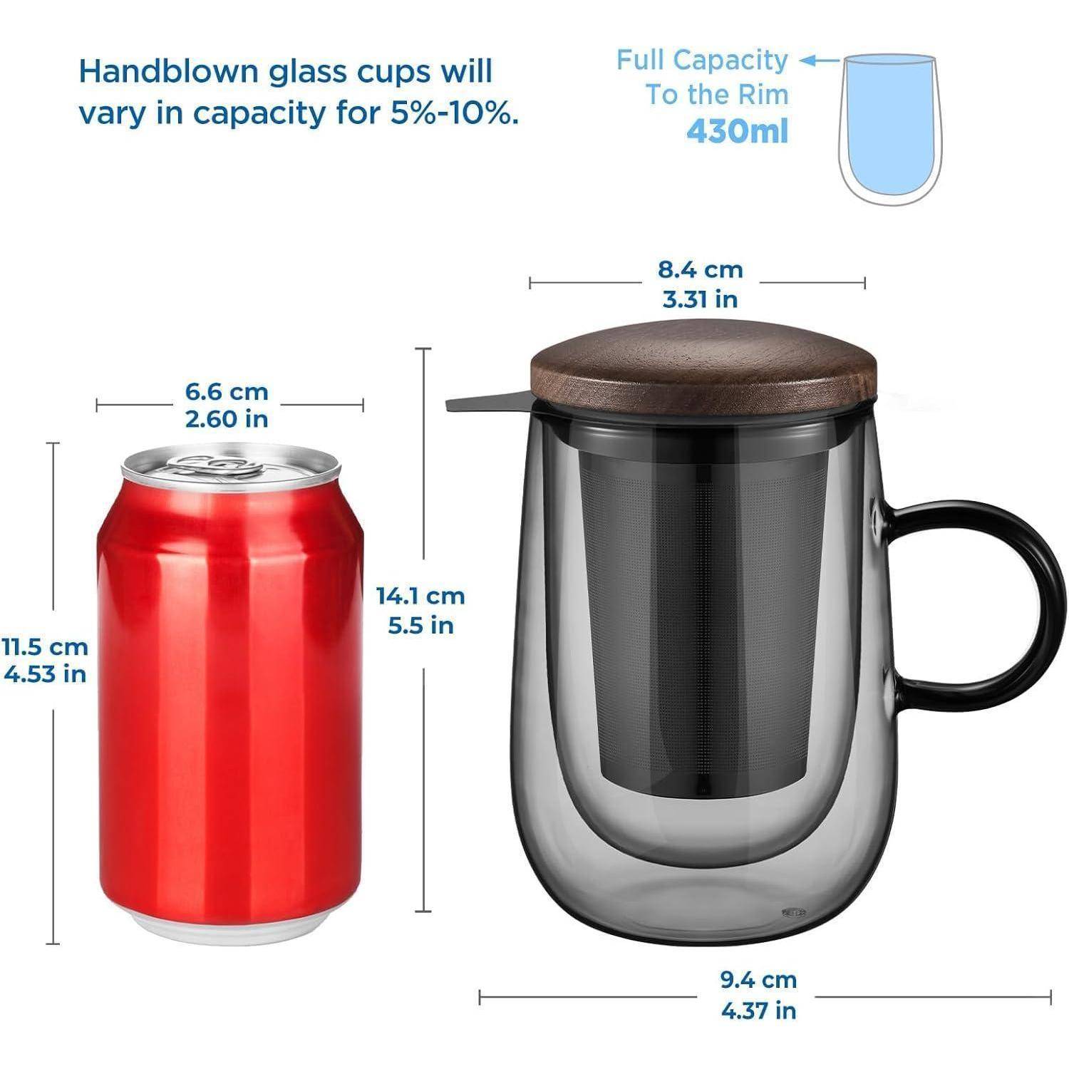 Doppelwandige Teetasse Borosilikatglas 430ml Schwarz mit Metallsieb