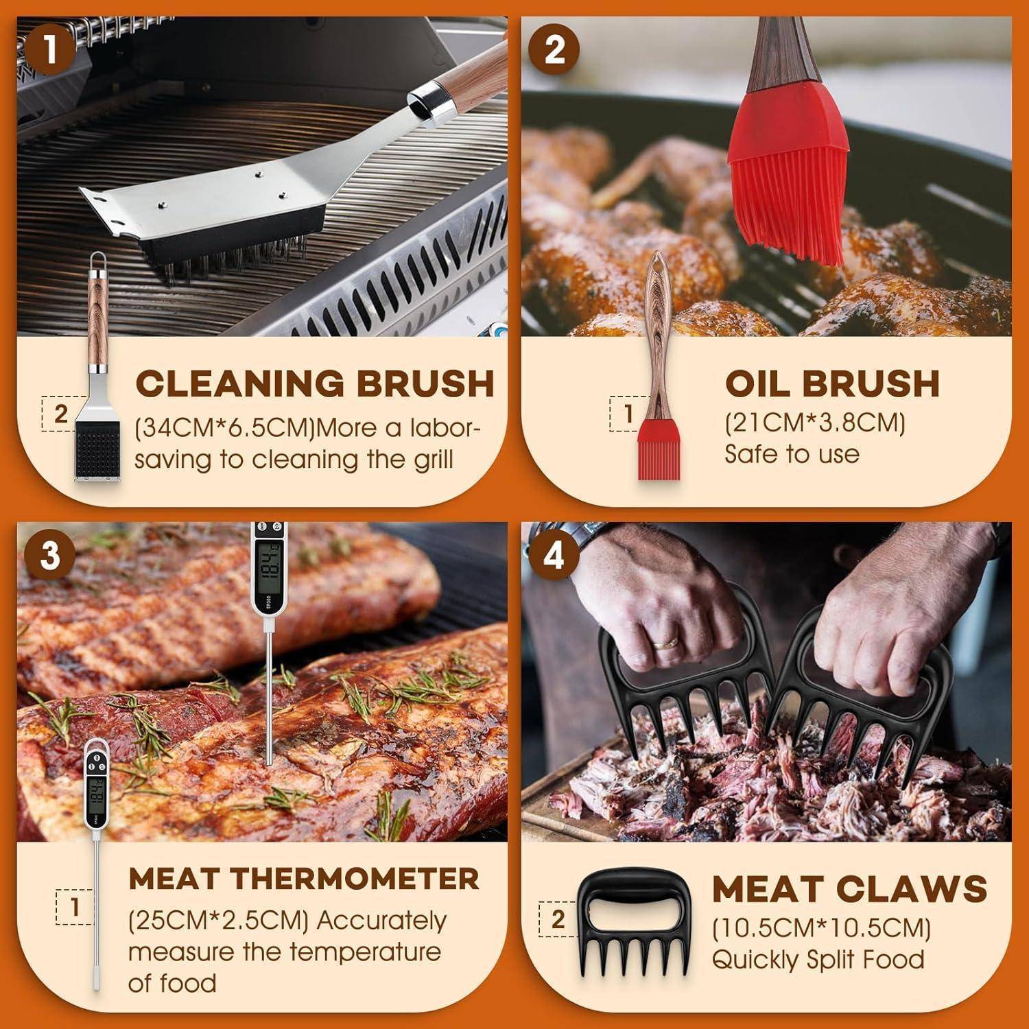 Vier Grillwerkzeuge: 1) Reinigungsbürste für müheloses Grillfläche reinigen. 2) Ölpinsel, sicher zu verwenden. 3) Fleischthermometer für präzise Temperaturmessung. 4) Fleischkrallen zum schnellen Zerteilen von Fleisch.