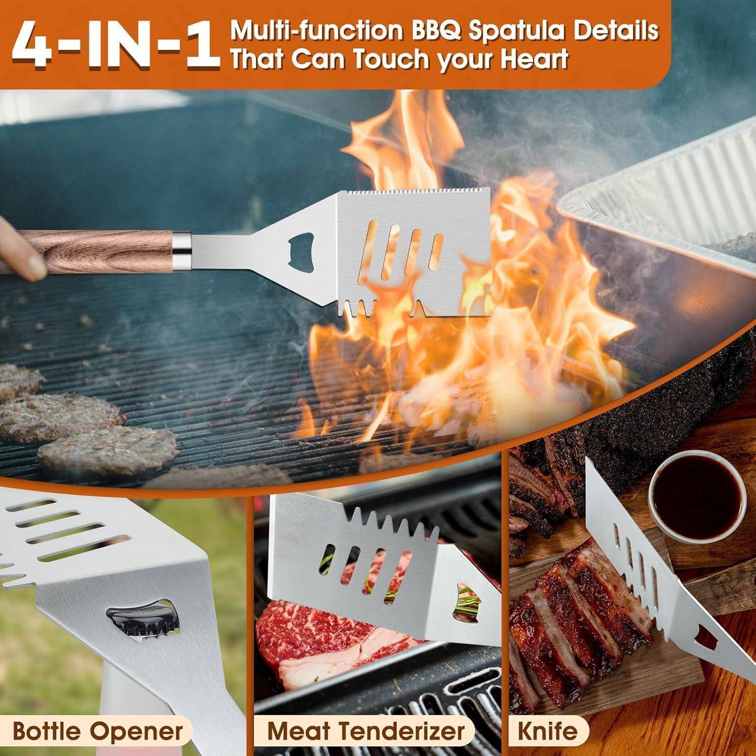 Ein multifunktionaler BBQ-Spatel mit Flaschenöffner, Fleischklopfer und Messer, der bei verschiedenen Grillaktivitäten auf einem Barbecue gezeigt wird.