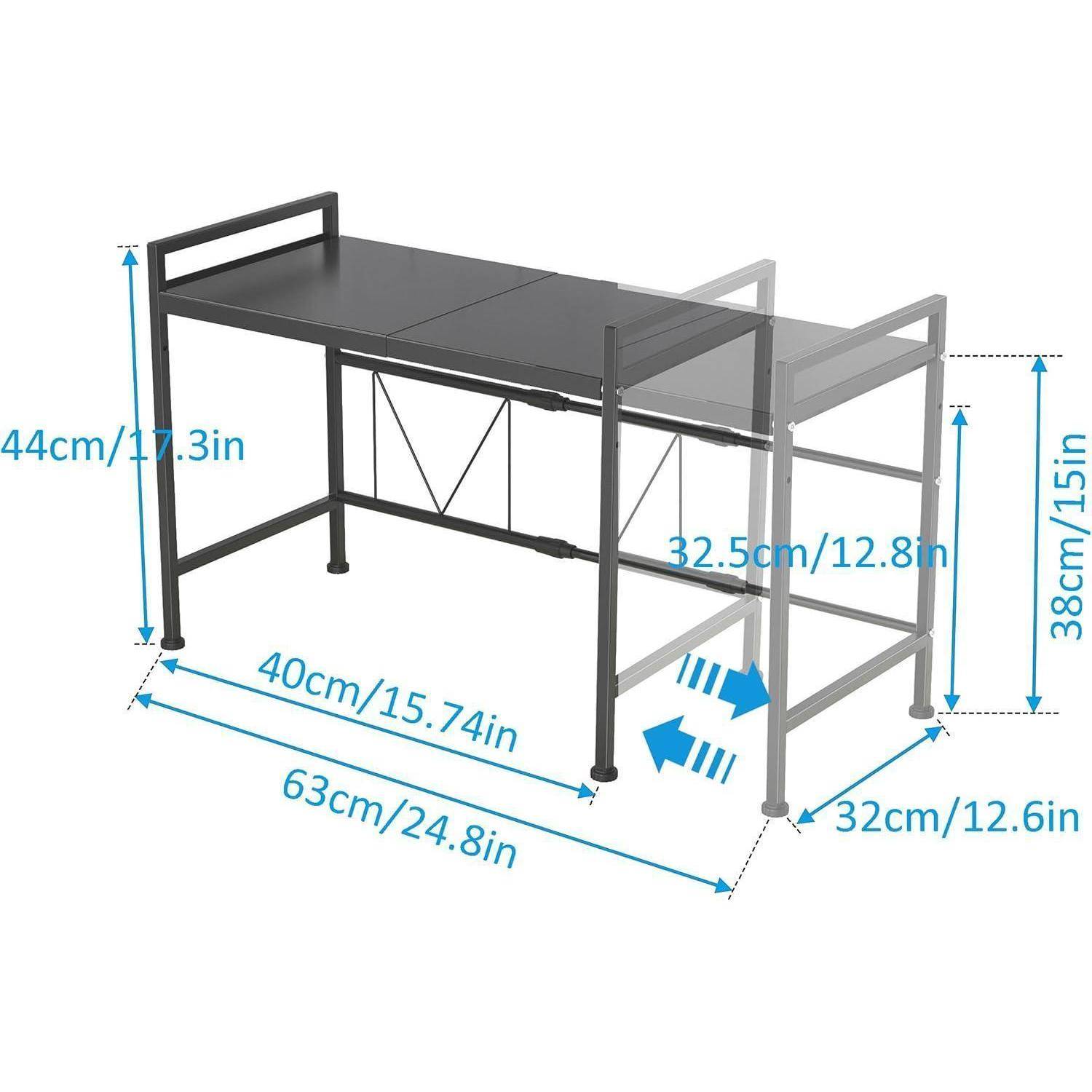 Kompakter schwarzer Schreibtisch mit hervorgehobenen Abmessungen: Höhe 44 cm, Tiefe 40 cm, Breite 63 cm. Beinhaltet bewegliche Abschnitte, mit Pfeilen gekennzeichnet.