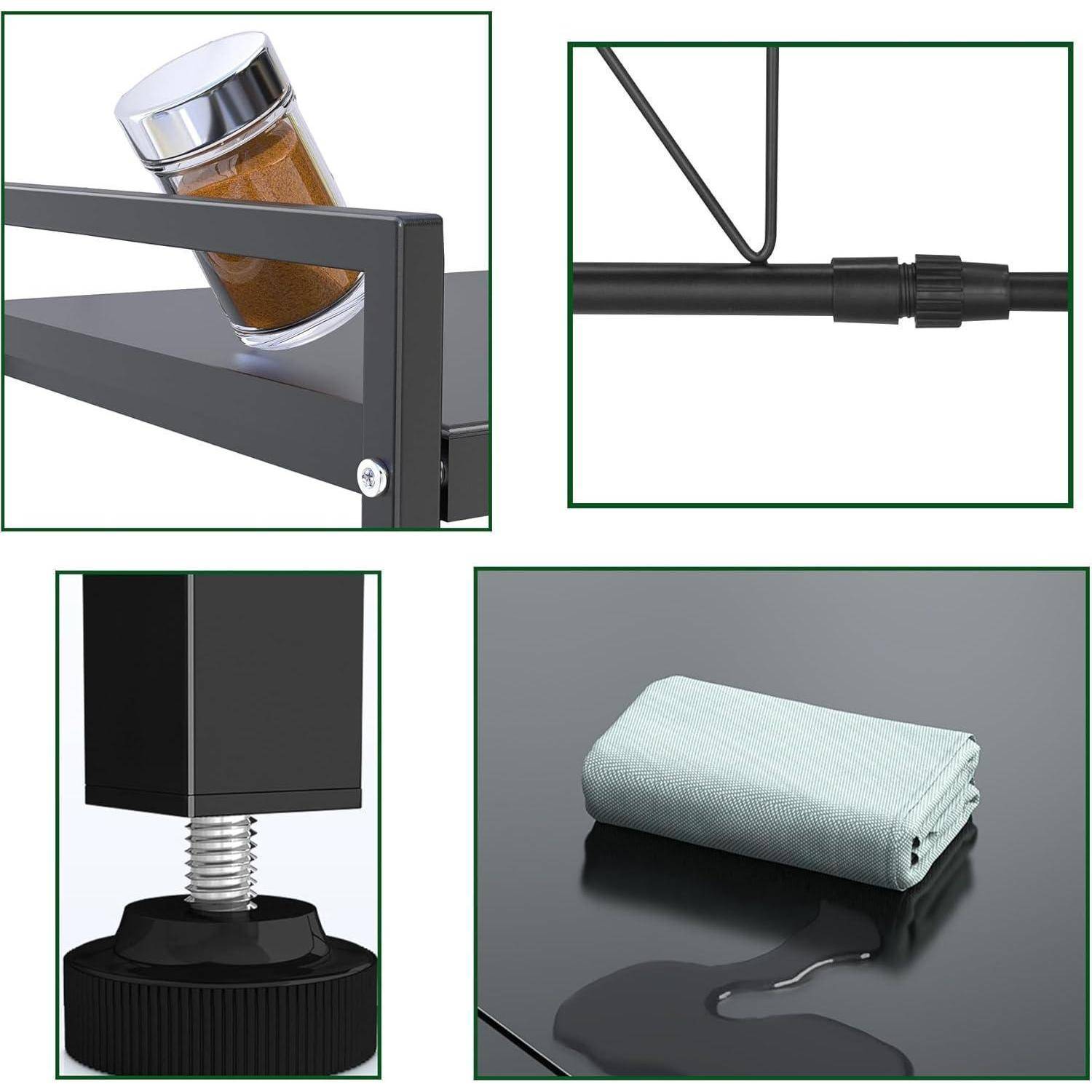 Vier Bilder, die Merkmale eines Metallregals zeigen: Gewürzglashalter, verstellbares Regal, rutschfester Fußausgleich und wasserdichte Oberfläche mit Tuch.