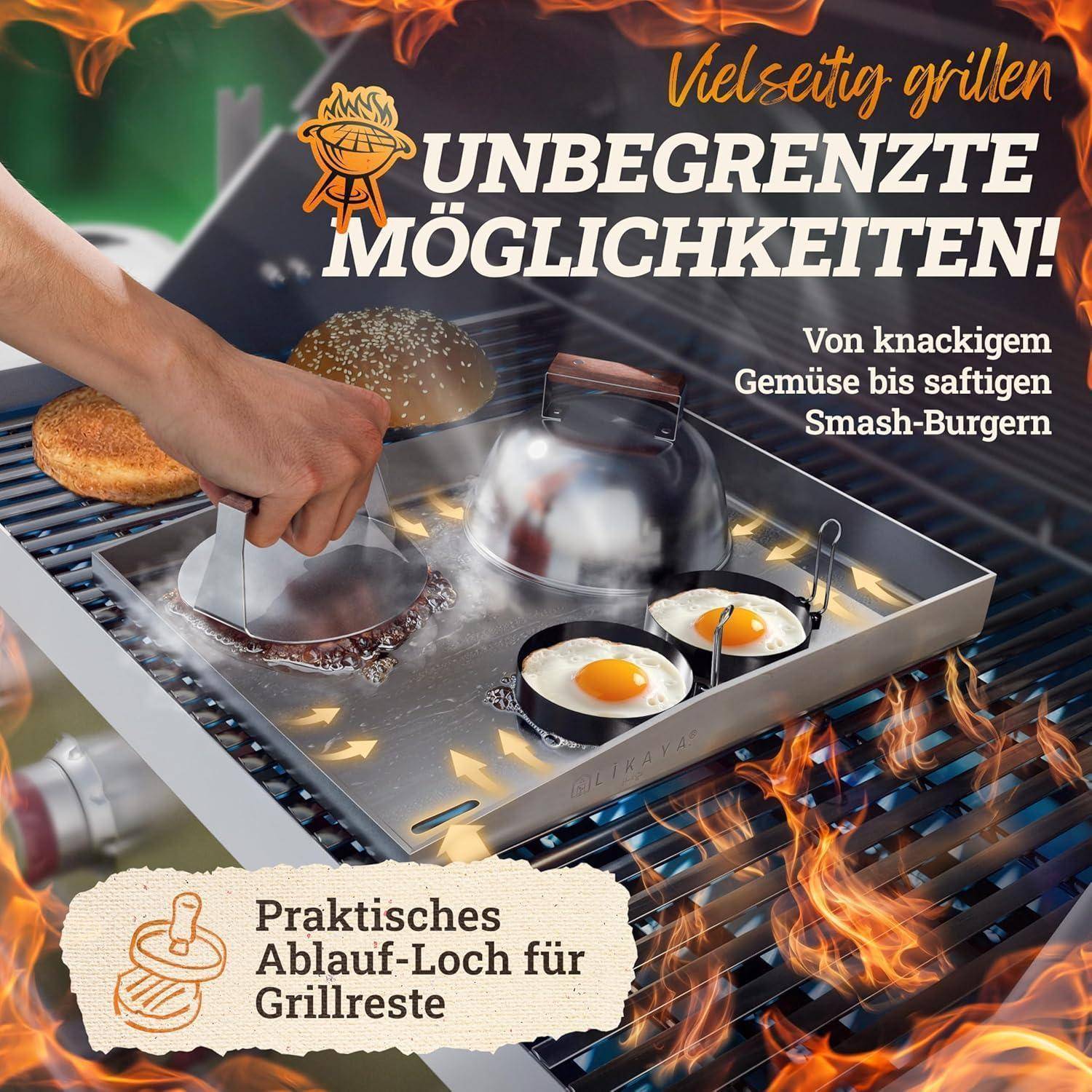 Eine Hand, die Eier und einen Burger auf einem Grill zubereitet, mit dem Text 