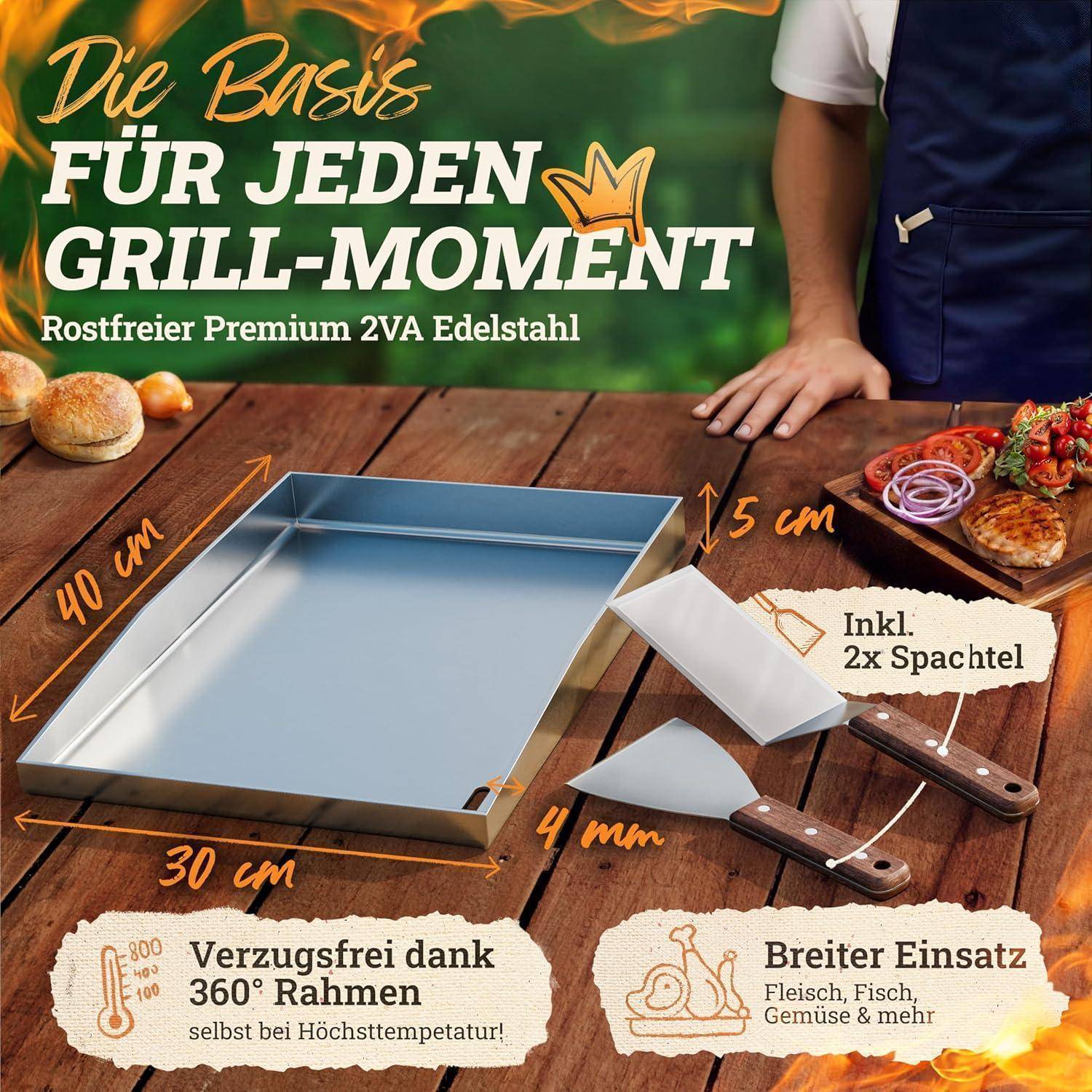 Rechteckige Grillpfanne mit zwei Spateln, Abmessungen 40 cm x 35 cm x 5 cm. Als rostfreier Stahl, verwindungsfrei, mit 360° Rand, vielseitig zum Grillen von Fleisch und Fisch geeignet.