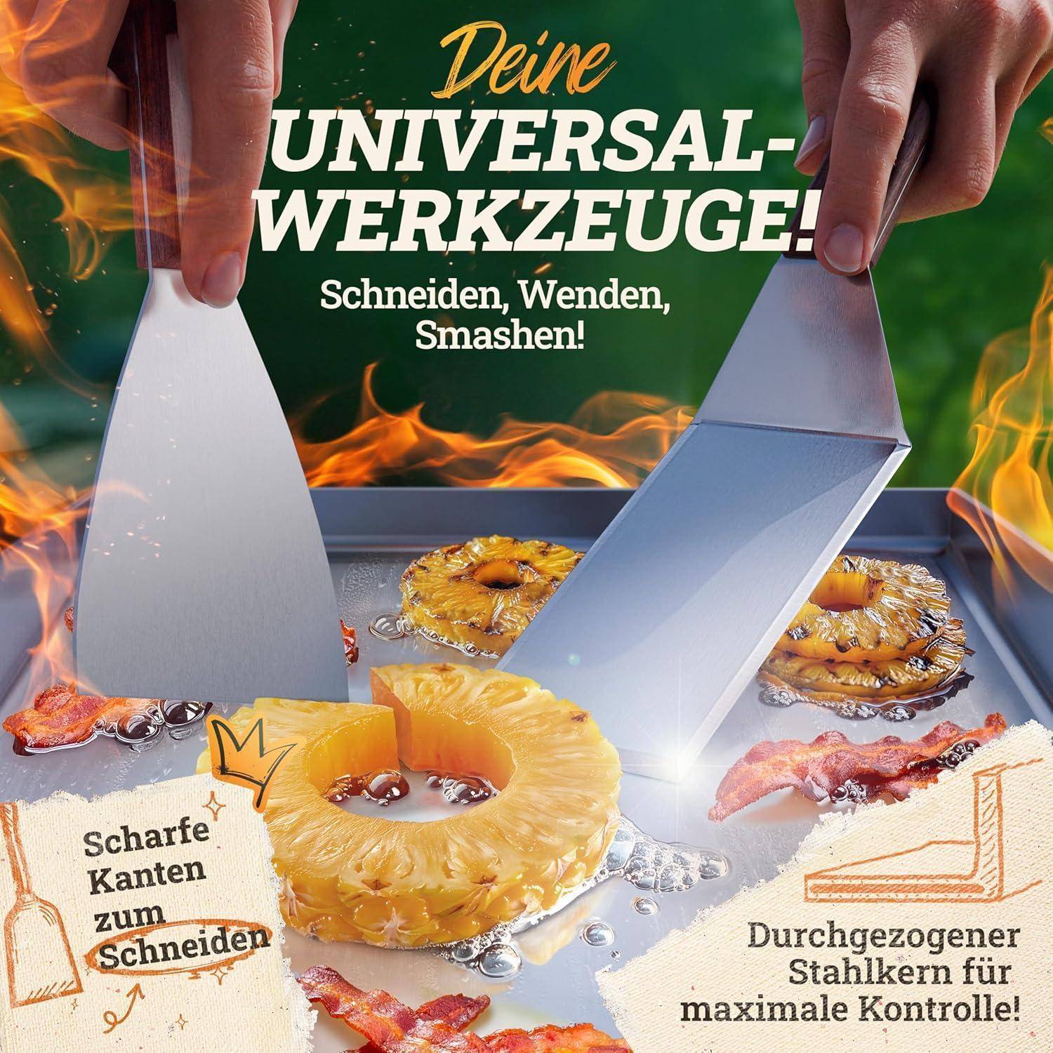 Zwei Küchenspatel, einer dreht Ananasringe auf einem Grill mit Flammen. Text im Hintergrund bewirbt Vielseitigkeit und Kontrolle.