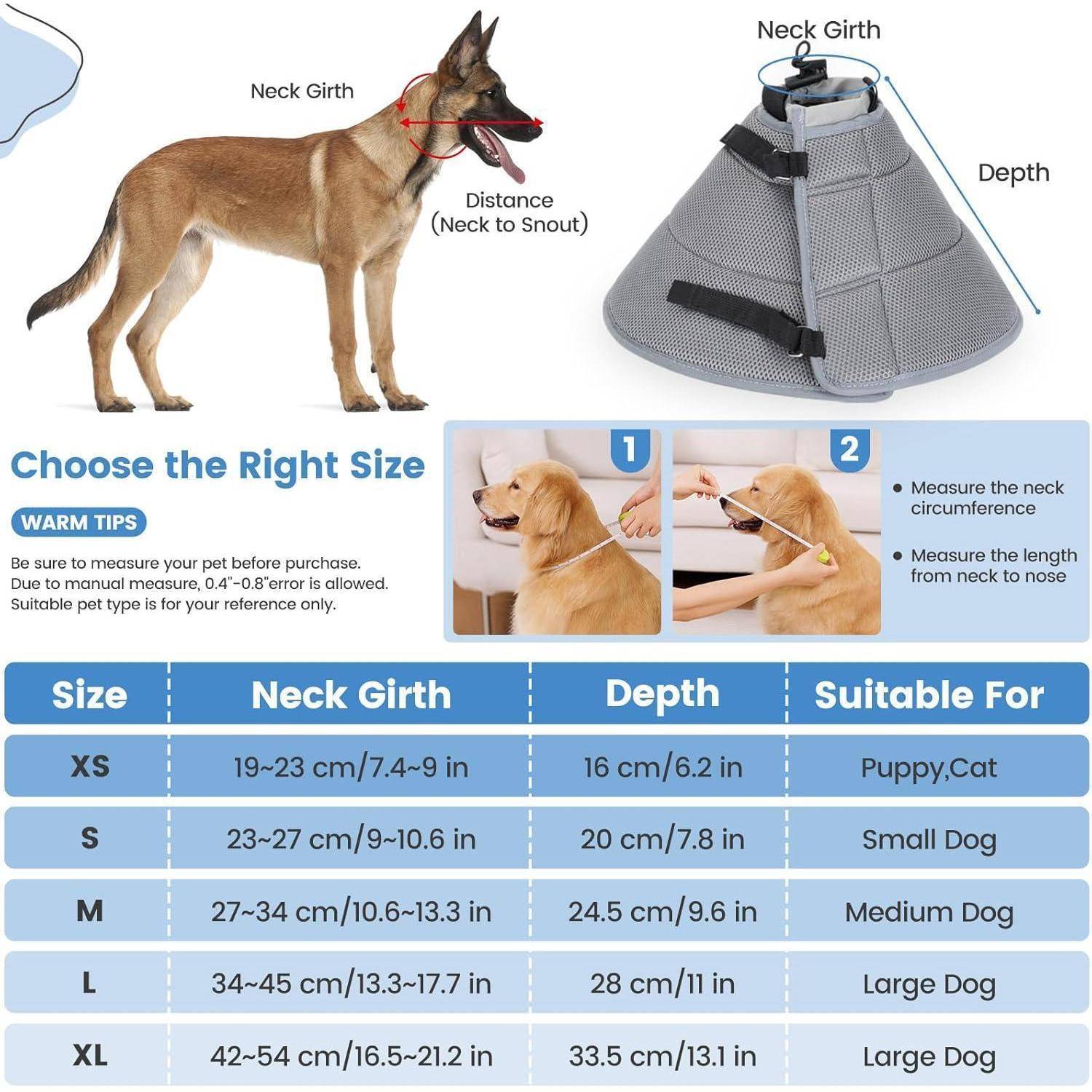 Ein Hund mit einem Maßband für den Halsumfang. Größentabelle für Tierkragen: XS bis XL mit Angaben zum Halsumfang, Tiefe und passender Tiergröße.