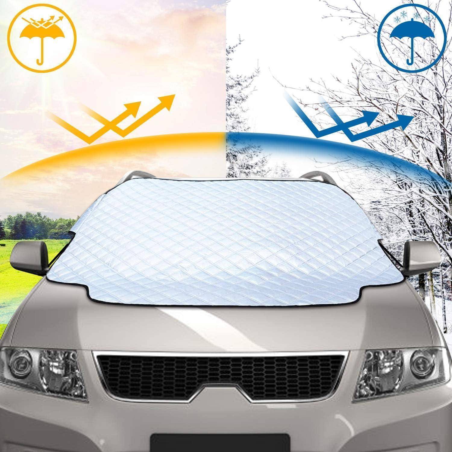 Eine Autoscheibe ist mit einem gesteppten Schutz bedeckt. Das Bild ist geteilt und zeigt links Sonne und Regen und rechts Schnee, was den Wetterschutz veranschaulicht.