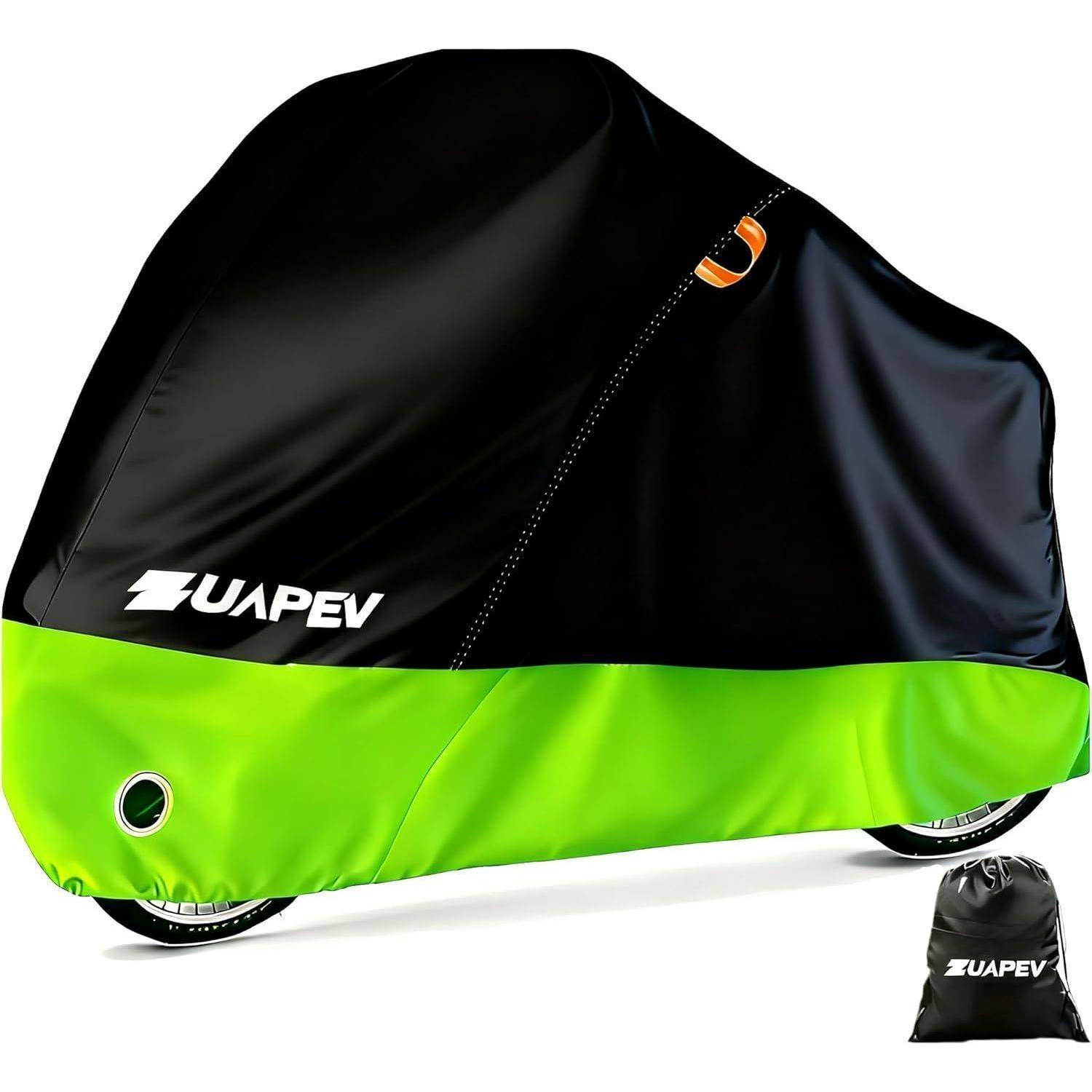 Eine grüne und schwarze Fahrradabdeckung mit dem Markennamen 'ZUAPEV' passt über ein Fahrrad und zeigt Witterungsschutz an. Eine passende Aufbewahrungstasche ist im Lieferumfang enthalten.
