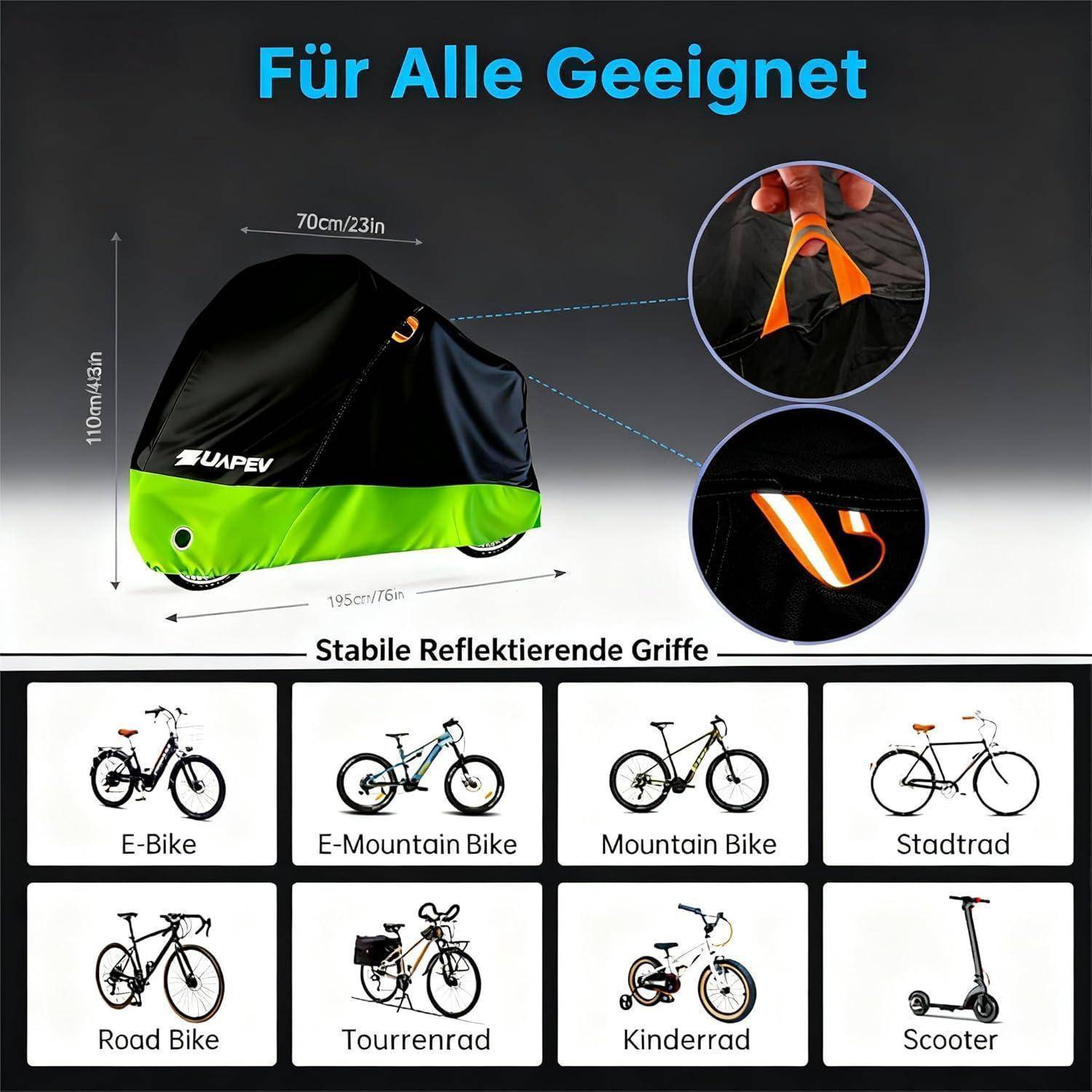 Eine Fahrradabdeckung mit reflektierenden Griffen, entwickelt für verschiedene Fahrräder und Roller. 'Für Alle Geeignet' bedeutet 'Suitable for All'.