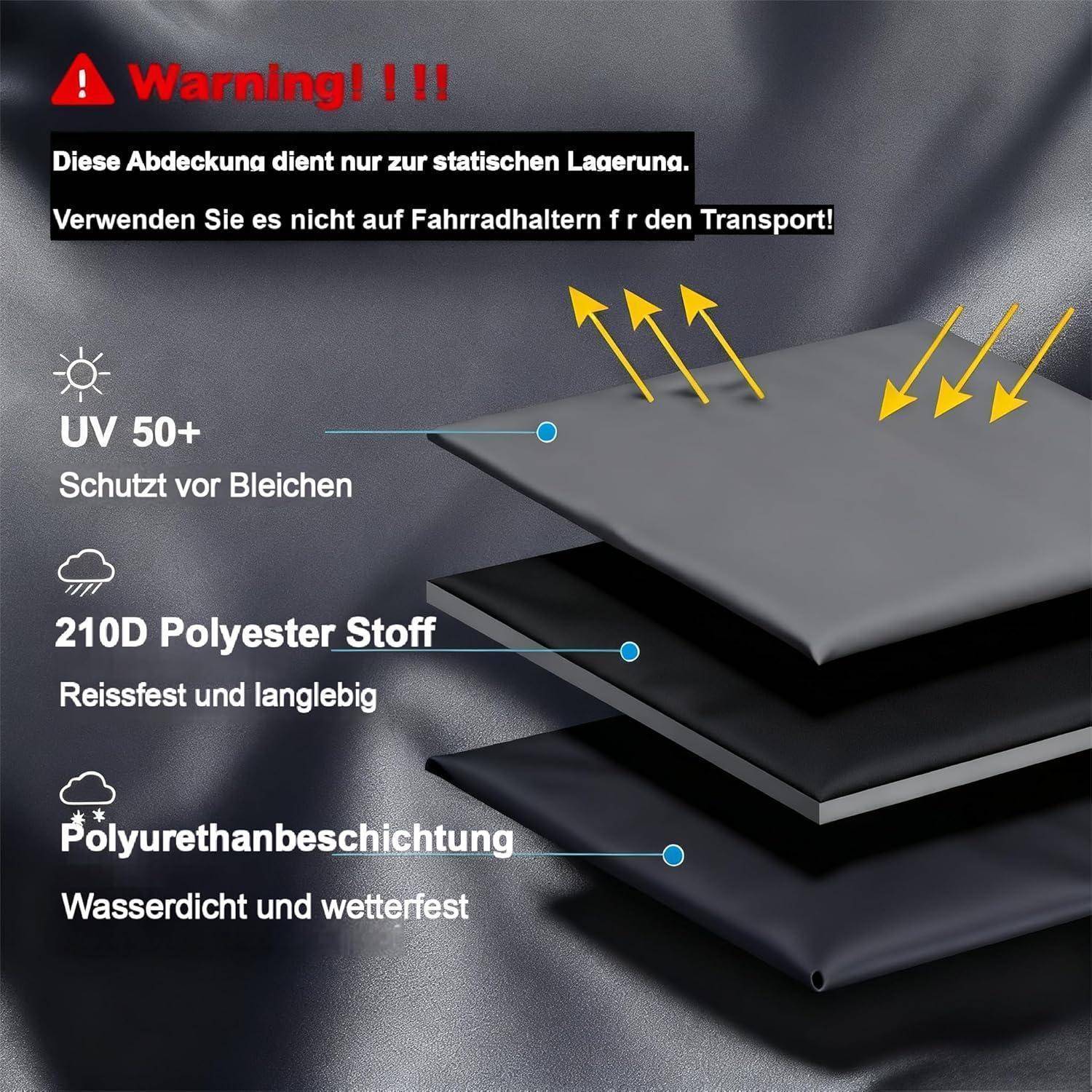 Achtung! Diese Abdeckung ist nur für statische Lagerung gedacht. Nicht für Fahrradtransport verwenden. UV 50+ Schutz, strapazierfähiges Polyester, wasserdichte Polyurethan-Beschichtung.