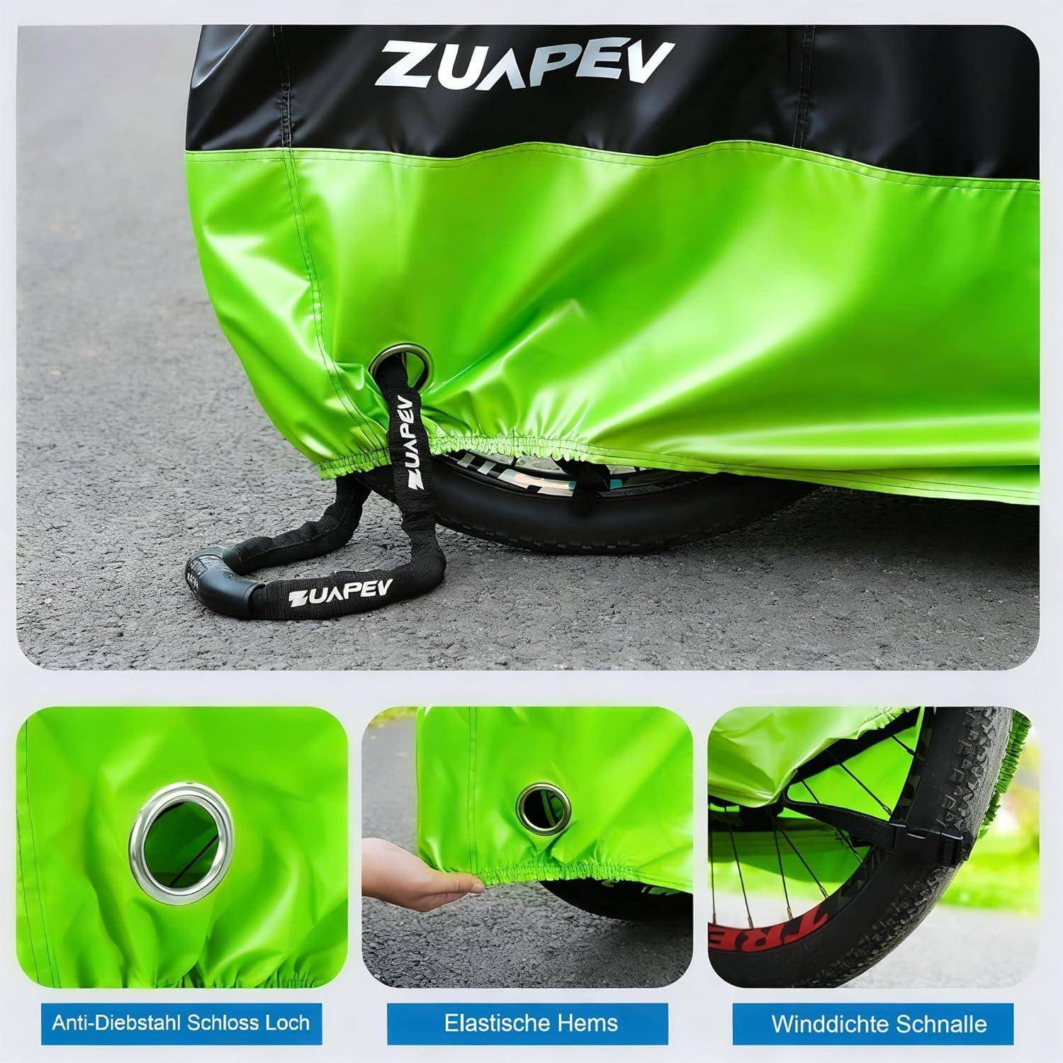Eine hellgrüne Fahrradabdeckung mit einer Öffnung für das Schloss, elastischen Säumen und winddichter Schnalle wird gezeigt, wie sie ein Fahrradreifen im Freien schützt.