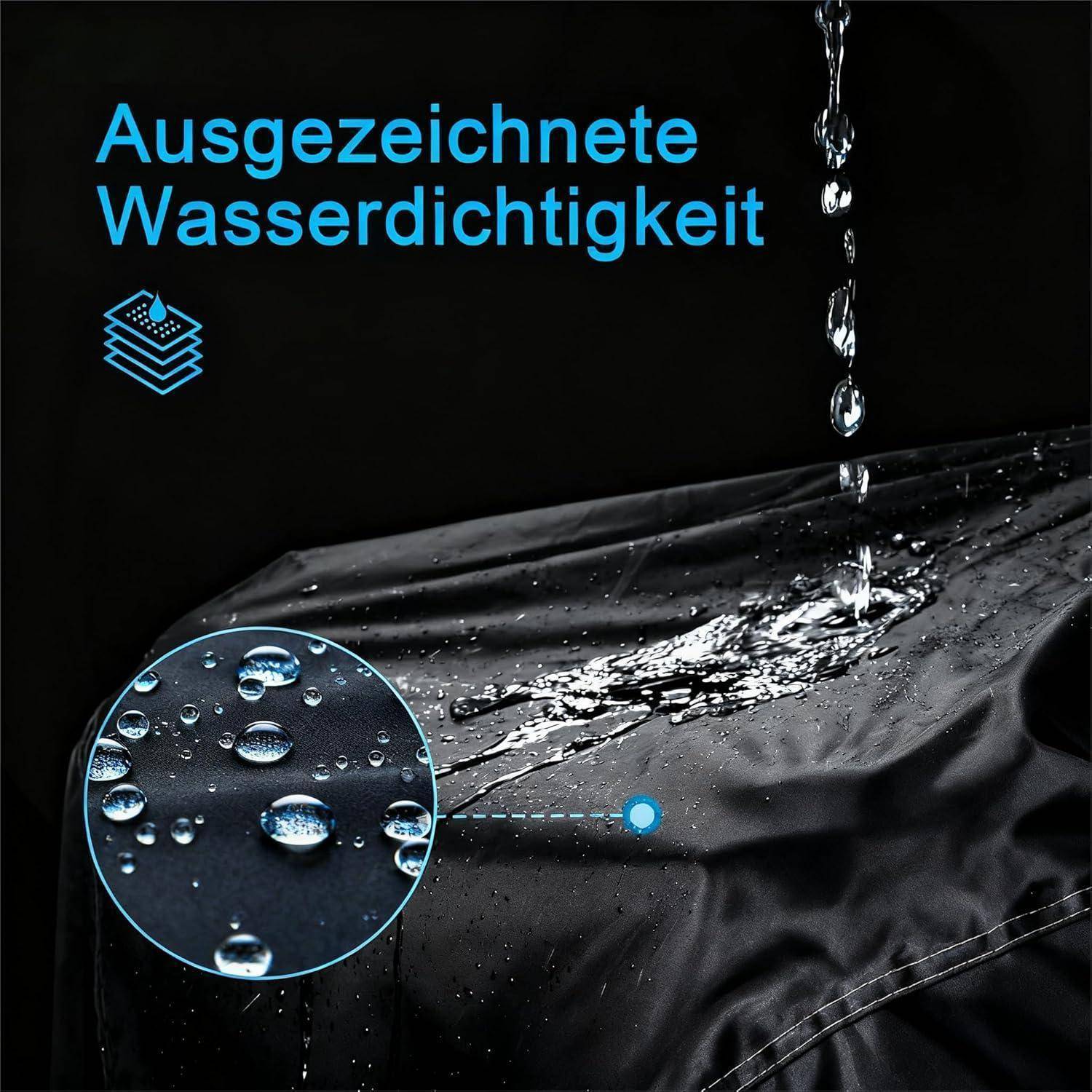 Wasser perlt von einem schwarzen Stoff ab, mit einer Nahaufnahme-Überlagerung, die die wasserdichten Eigenschaften zeigt. Der deutsche Text lautet: 'Ausgezeichnete Wasserdichtigkeit'.