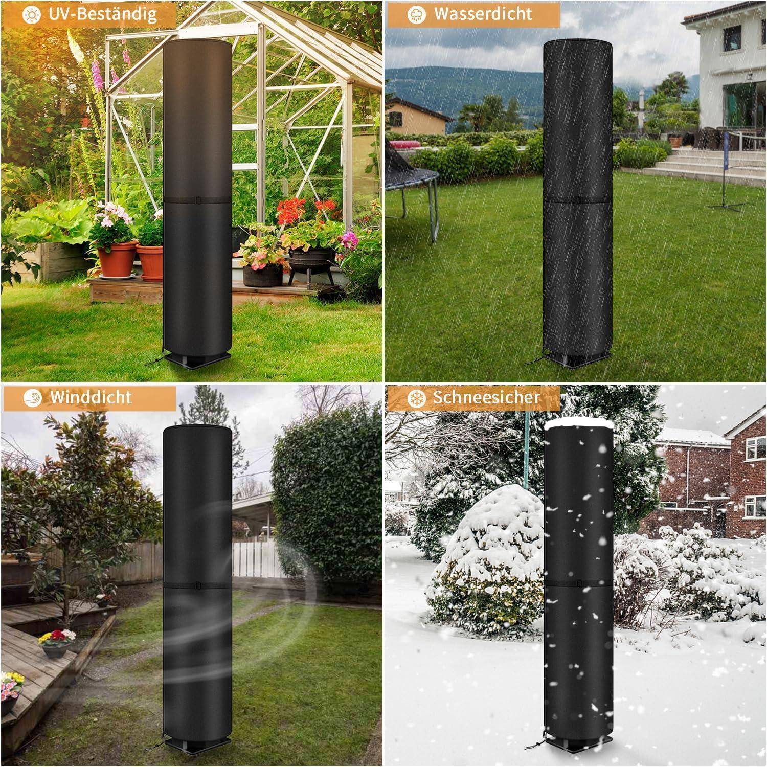 Vier Bilder zeigen einen Säulenlautsprecher im Freien unter verschiedenen Bedingungen: 'UV-beständig', 'Wasserdicht', 'Windresistent' und 'Schneeresistent'.