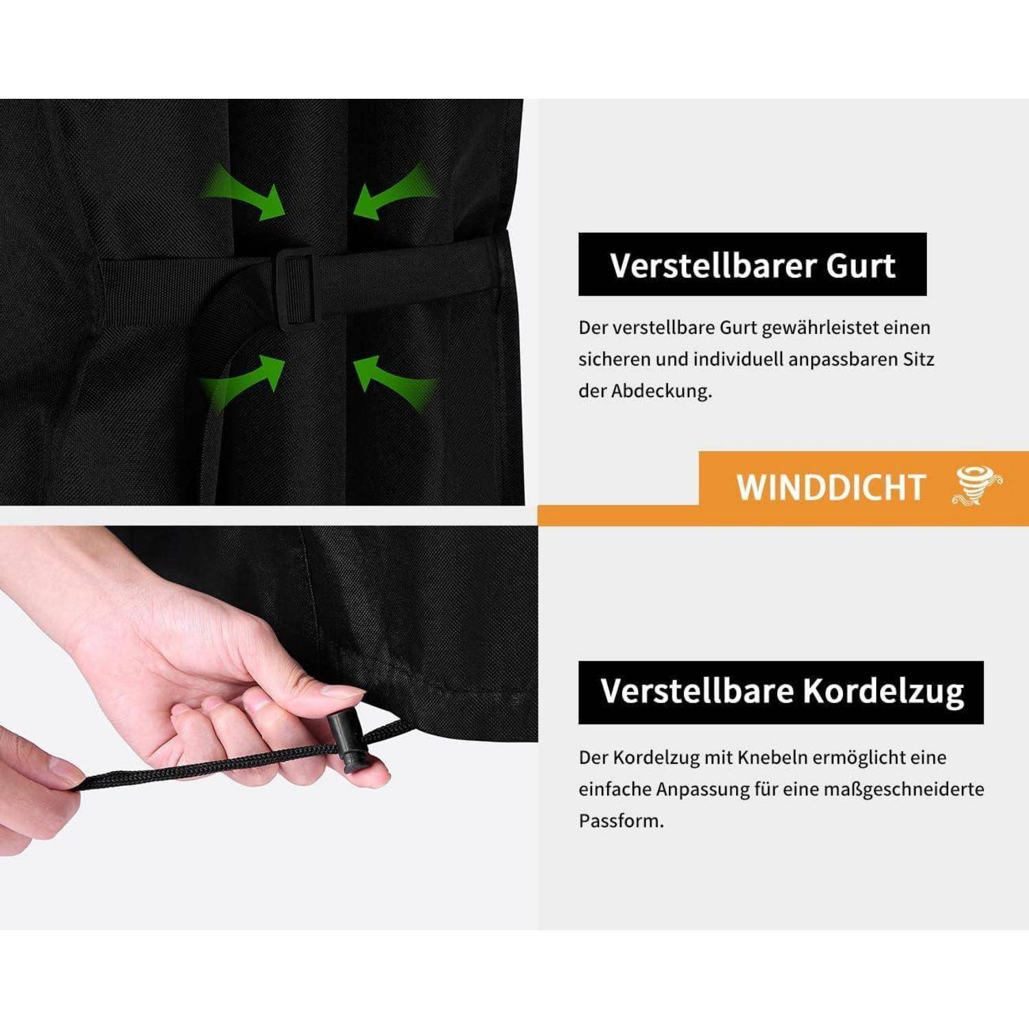 Verstellbarer Gurt' mit Pfeilen, die die Verstellbarkeit des Riemens für eine maßgeschneiderte Passform anzeigen; 'Verstellbarer Kordelzug' zeigt einen Kordelzug für einfache Anpassung.