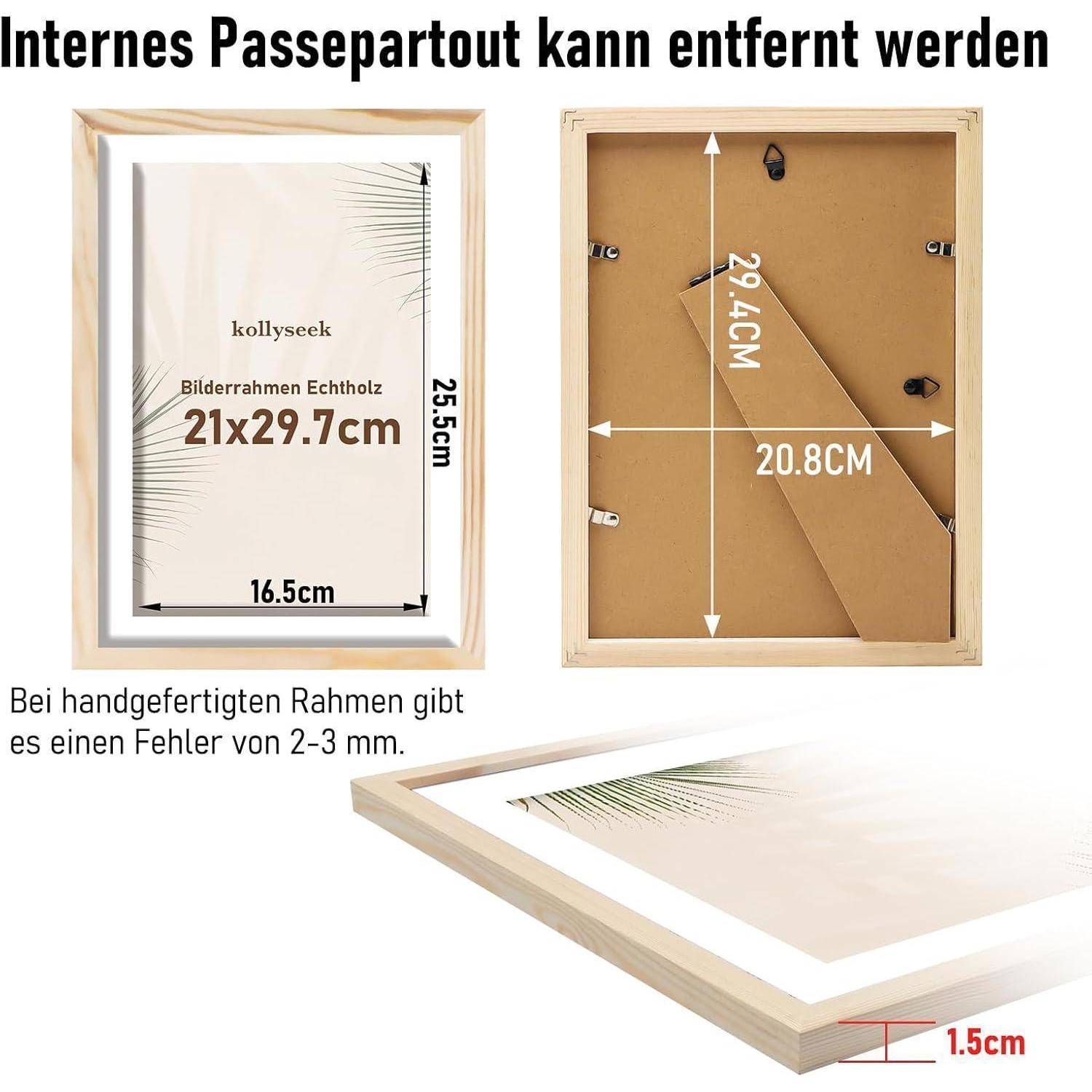 Bilderrahmen aus Holz mit Innenmaßen von 21x29,7 cm. Außenmaße sind 25,5x30 cm. Der Text weist darauf hin, dass die Größe leicht variieren kann.