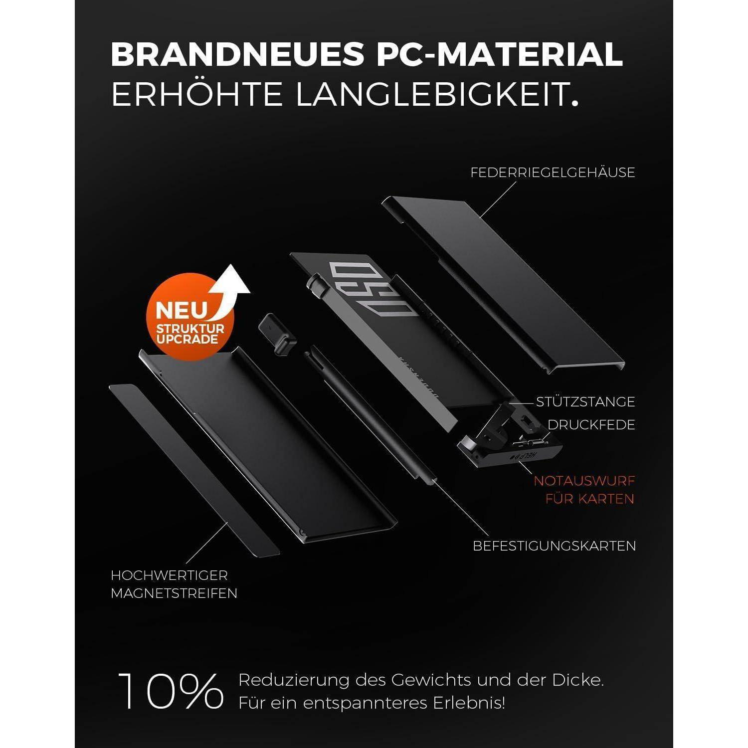 Brandneues PC-Material mit erhöhter Haltbarkeit mit Bild von schlanken, leichten Komponenten und Text ‚10% Reduzierung von Gewicht und Dicke.
