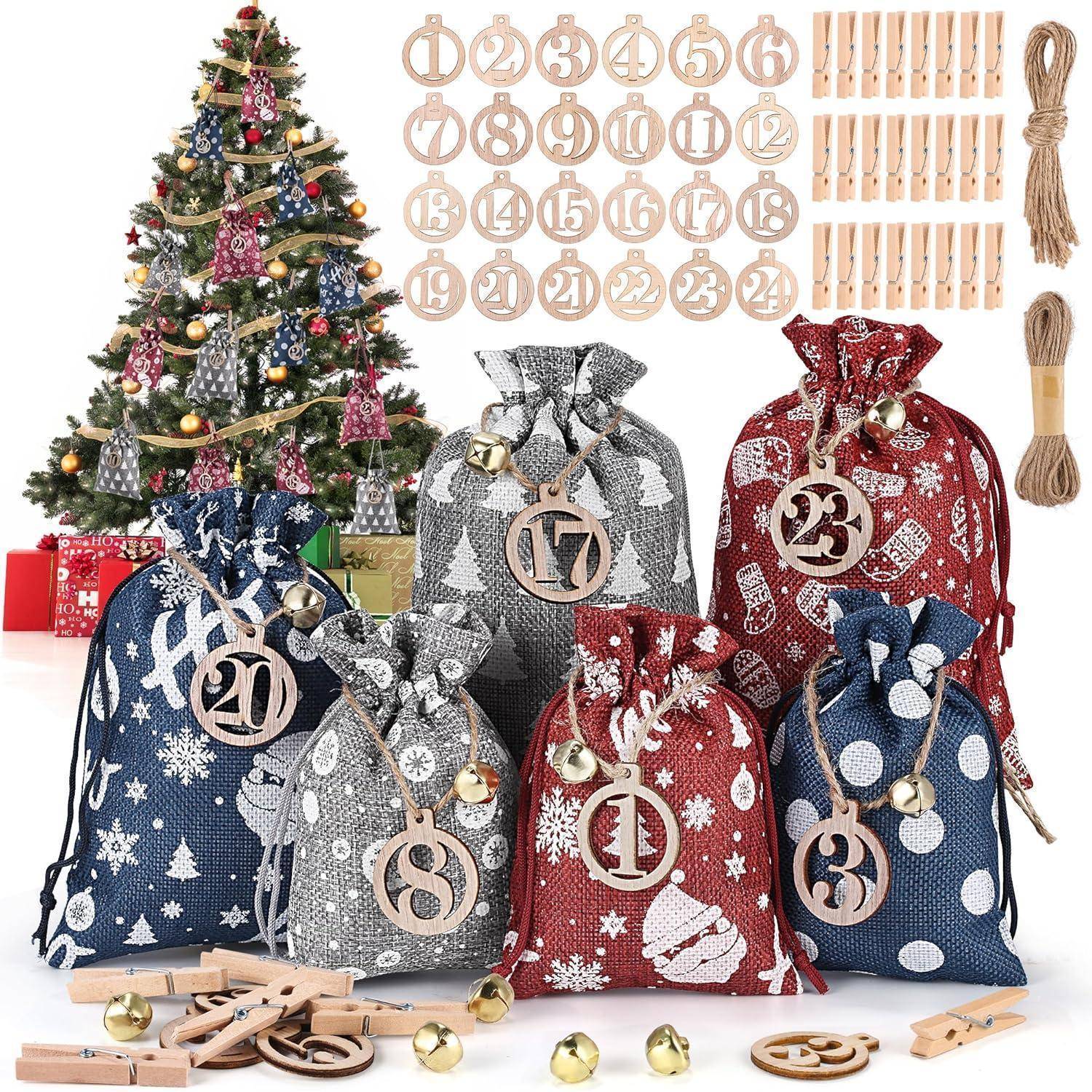 24 Adventskalender zum Befüllen DIY Stoffsäckchen mit Holzklammern und