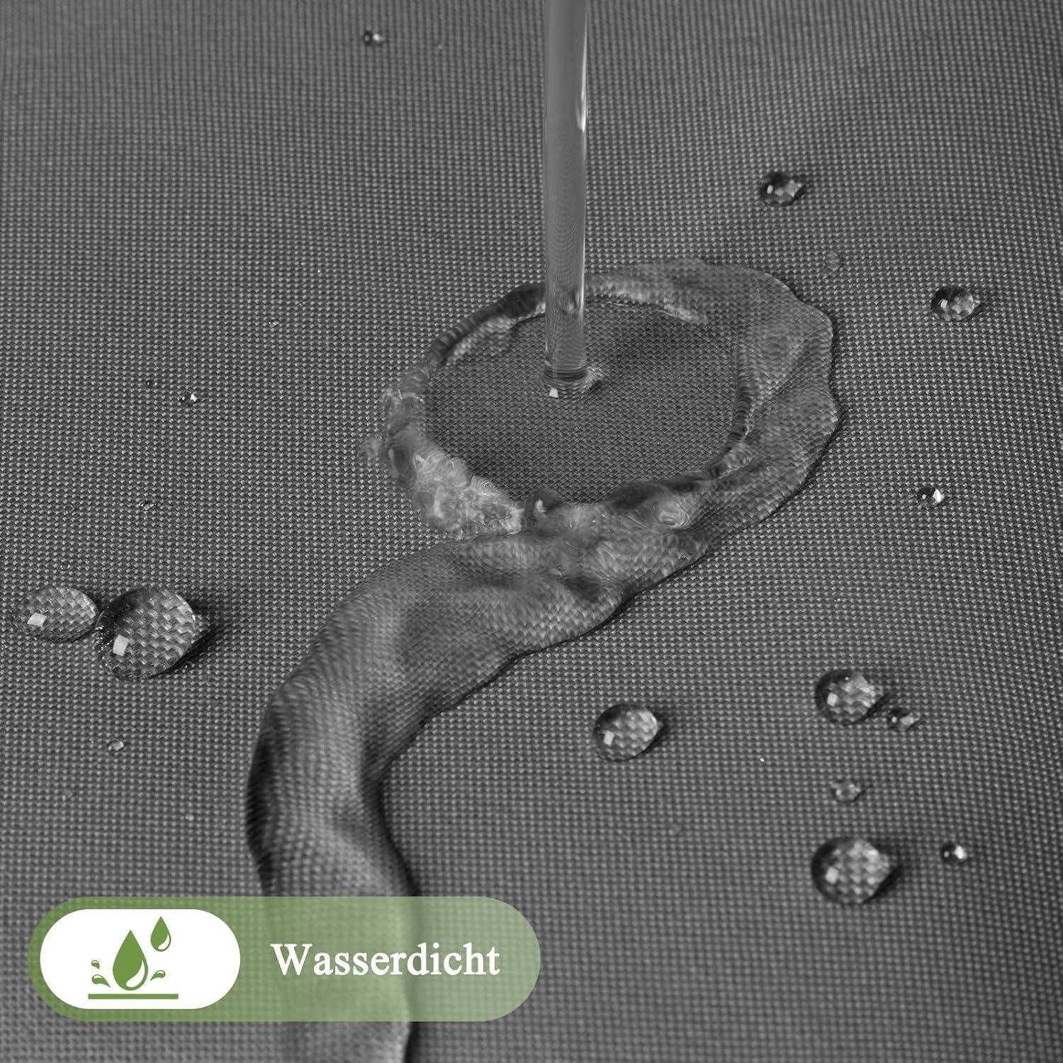 Wasser, das von einer Stoffoberfläche abperlt und die wasserdichten Eigenschaften veranschaulicht. Ein Etikett in der Ecke zeigt das Wort 'Wasserdicht' mit einem Wassertropfen-Symbol.