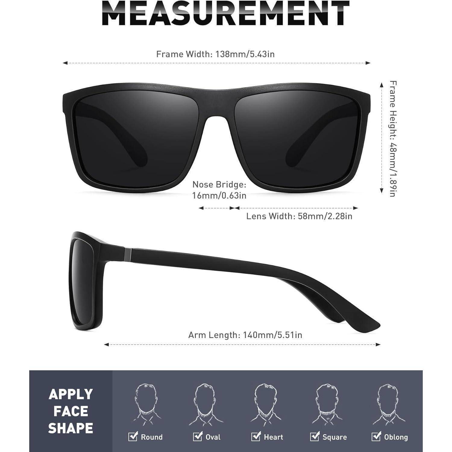 Sonnenbrille mit Abmessungen: Rahmenbreite 138 mm/5,43 Zoll, Glasbreite 58 mm/2,28 Zoll, Rahmenhöhe 48 mm/1,89 Zoll, Nasensteg 16 mm/0,63 Zoll, Bügellänge 140 mm/5,51 Zoll.