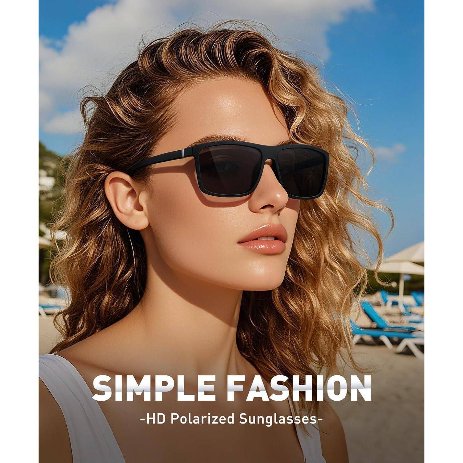 Frau mit Sonnenbrille an einem sonnigen Strandtag, mit Text ‚Simple Fashion - HD Polarisierte Sonnenbrille' am unteren Bildrand.