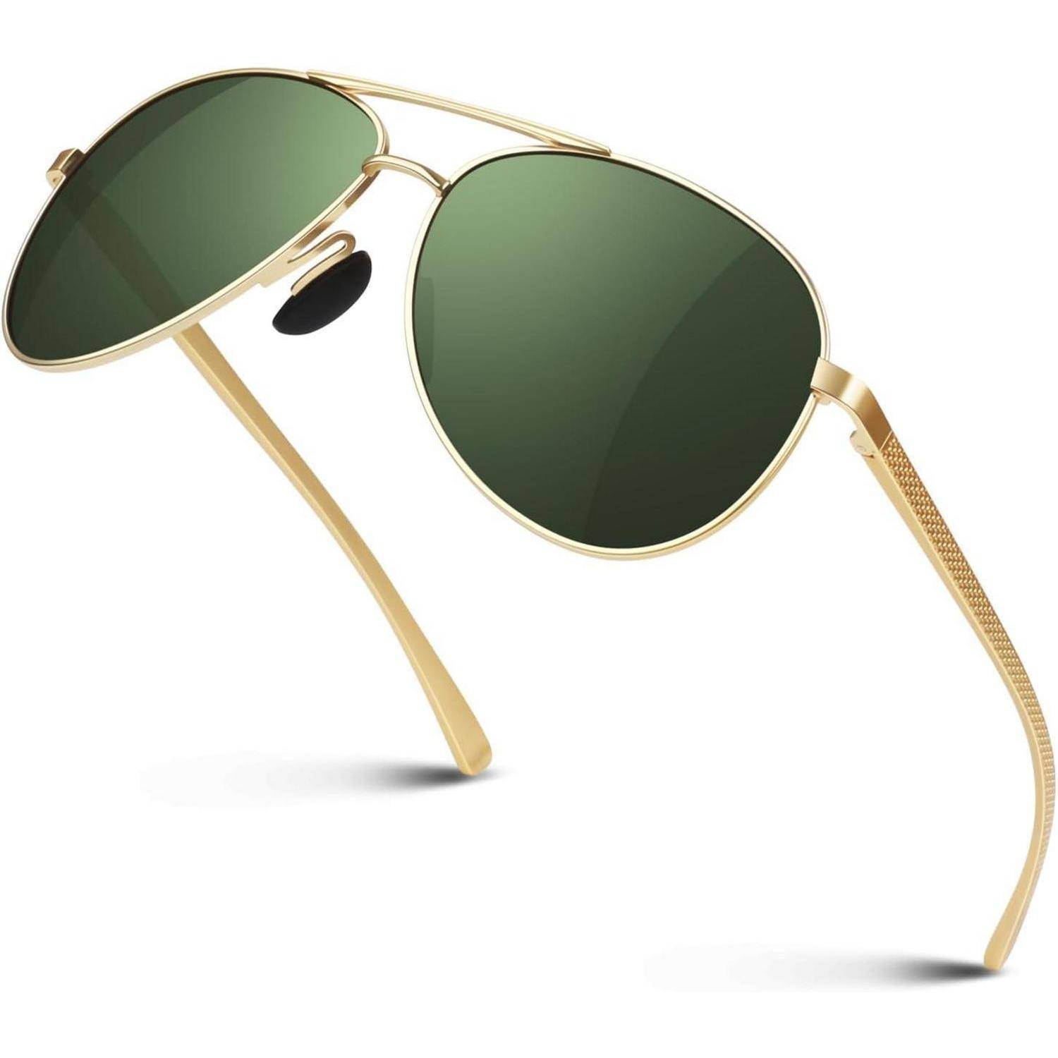 Goldfarbene Aviator-Sonnenbrille mit grünen Gläsern, aus verschiedenen Blickwinkeln abgebildet - von vorne und der Seite - was stilvolle Eyewear präsentiert.
