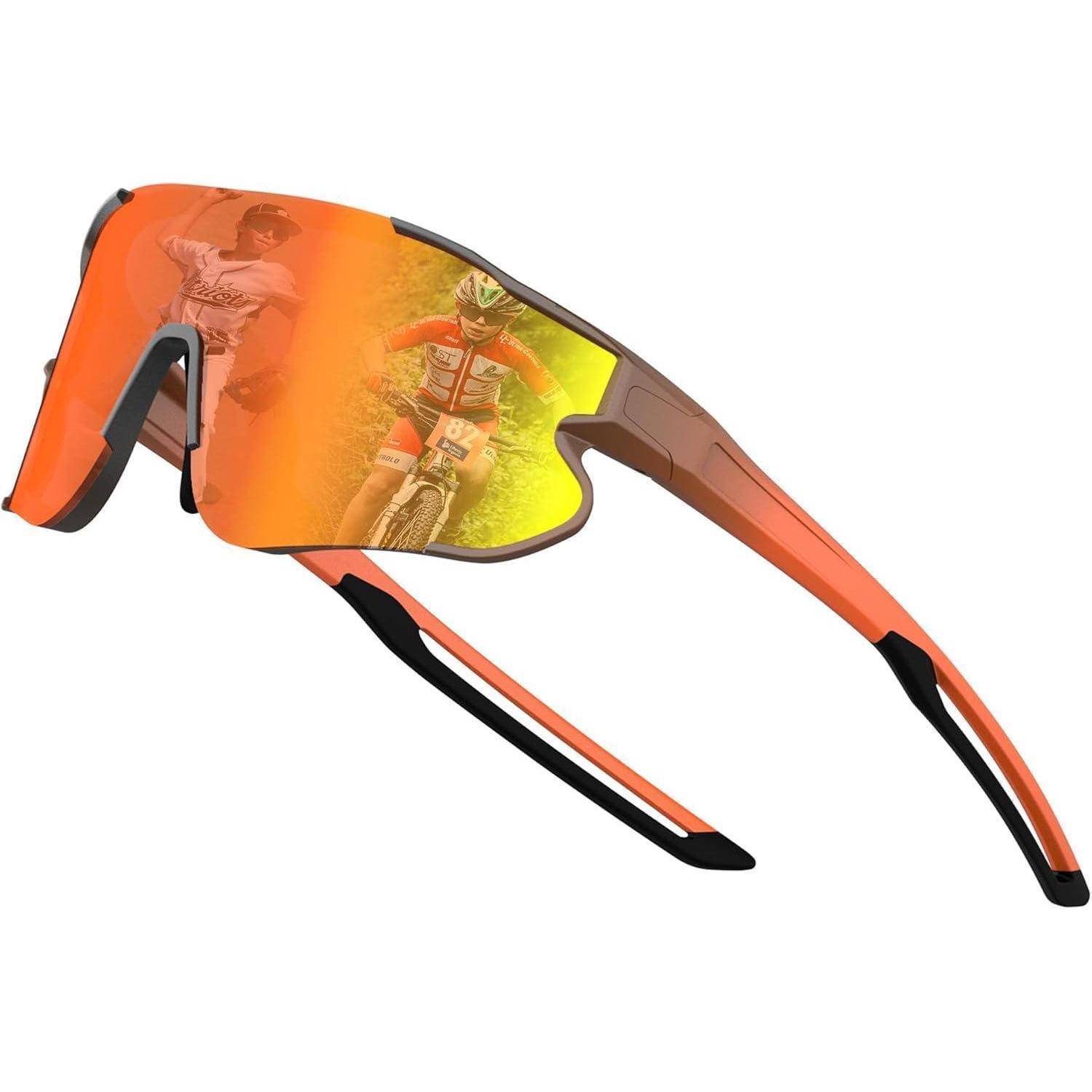 Eine Paar orangefarbene Fahrrad-Sonnenbrille mit verspiegelten Gläsern, die ein Bild eines Radfahrers in Aktion zeigen und Geschwindigkeit und Leistung heraufbeschwören.