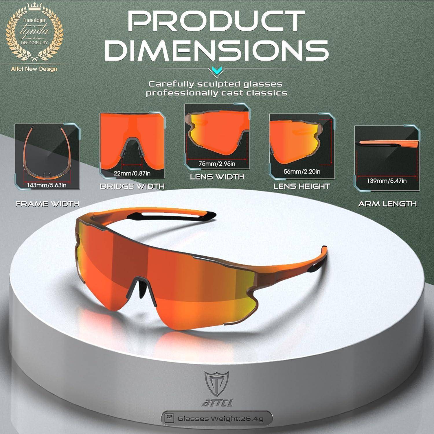 Sonnenbrille Abmessungen: Rahmenbreite 145 mm, Stegbreite 22 mm, Glasbreite 75 mm, Glashöhe 56 mm, Bügellänge 126 mm.