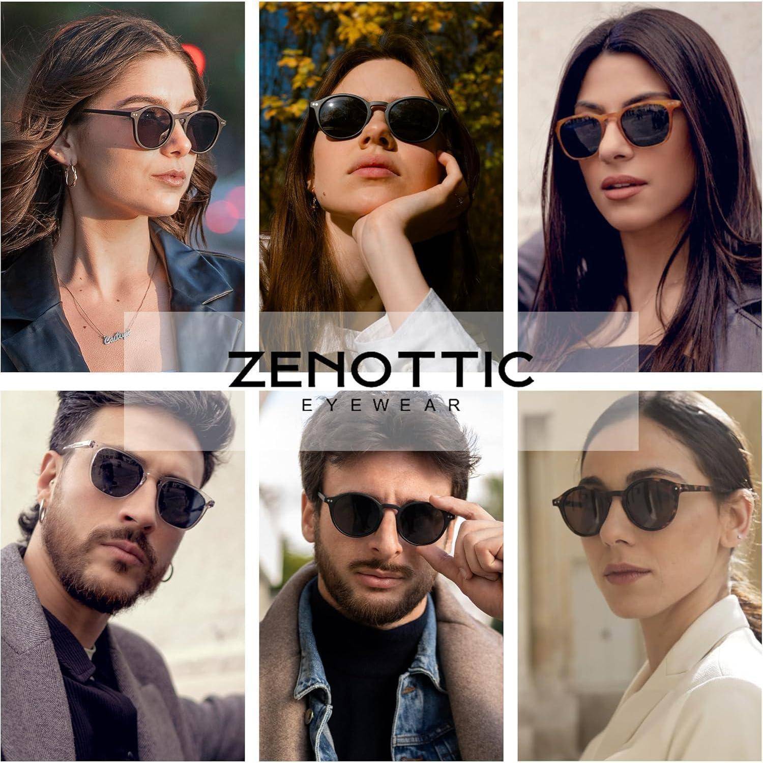 Eine Collage von sechs Personen, die Sonnenbrillen von Zenottic Eyewear tragen und verschiedene Stile und Rahmen in unterschiedlichen Umgebungen präsentieren.