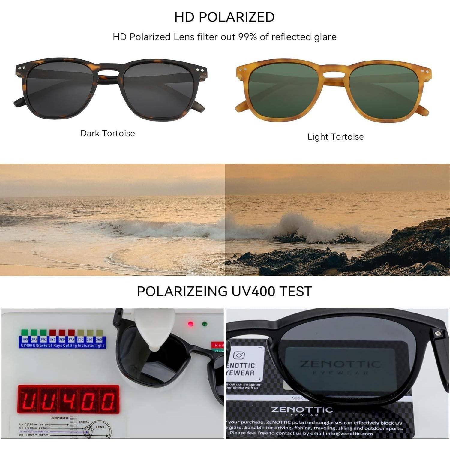 Sonnenbrille: dunkle Schildpattrahmen und helle Schildpattrahmen. Text: HD-polarisierte Gläser reduzieren 99% Blendung. UV400-Test zeigt, dass Gläser UV-Strahlen blockieren.
