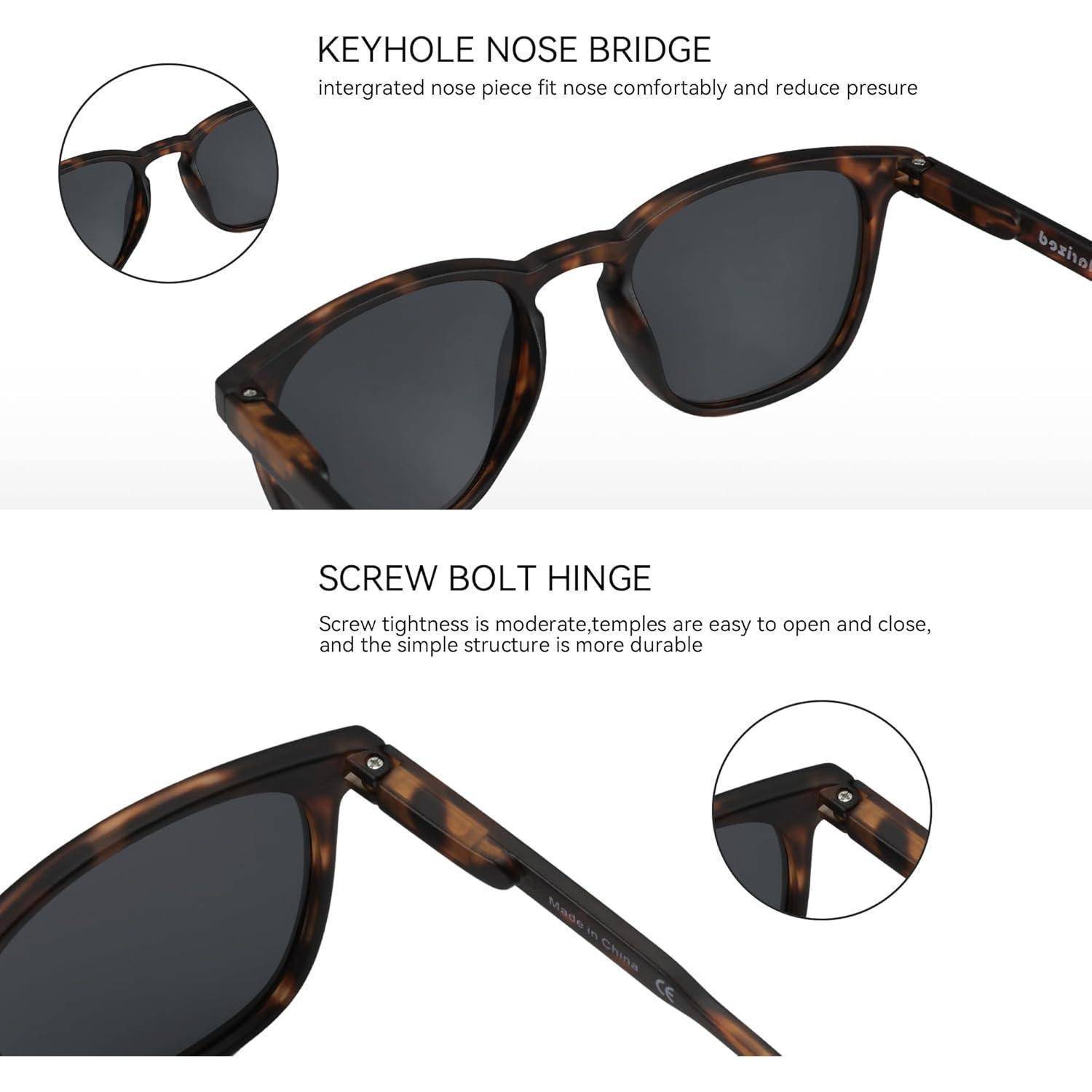 Sonnenbrille mit 'Keyhole Nasensteg' für Komfort und 'Schraubbolzen-Scharnier' für Haltbarkeit in zwei detaillierten Ansichten.