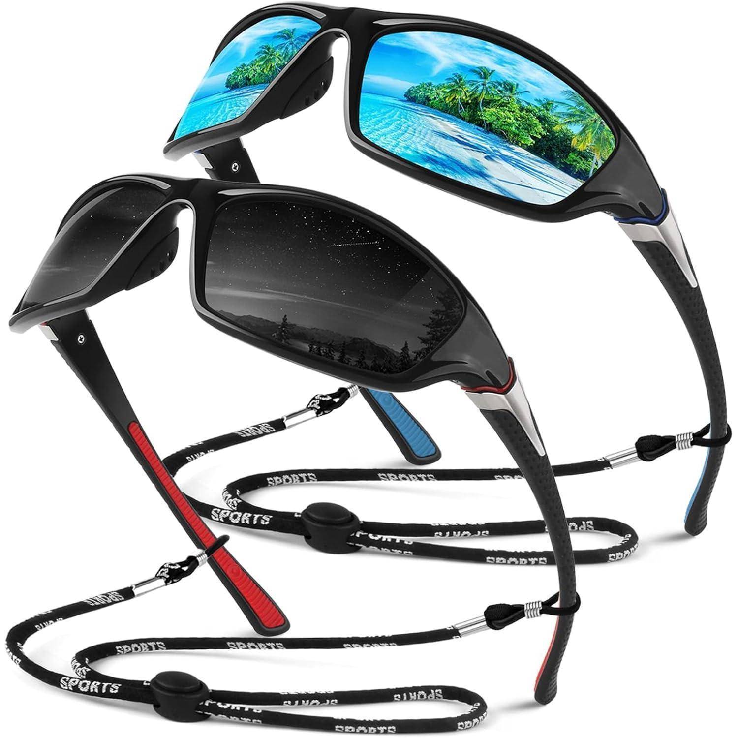 Zwei Paar Sportsonnenbrille werden gezeigt. Das obere Paar spiegelt eine tropische Strandszene wider, während das untere Paar dunkle Gläser hat. Beide verfügen über verstellbare Nackenbänder.