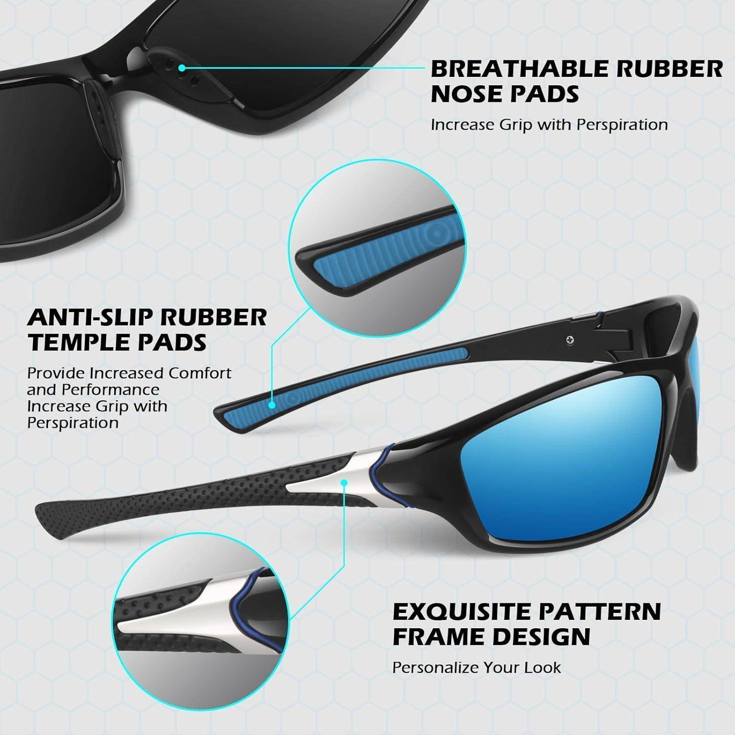 Sonnenbrille mit 'atmungsaktiven Gummi-Nasenauflagen' zur Verbesserung des Halts und 'rutschfesten Gummi-Bügeln' für Komfort. Ausgestattet mit einem 'exquisiten Rahmenmuster-Design'.