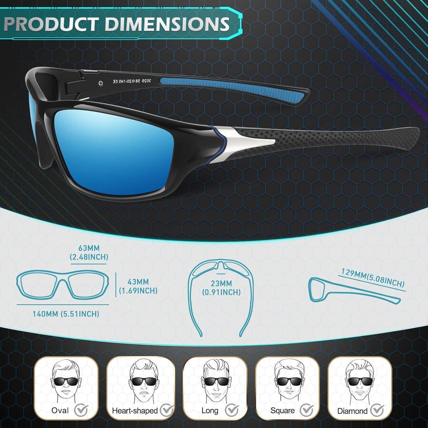 Sonnenbrille Maße: Linsenbereite 63mm, Stegbreite 23mm, Armlänge 129mm. Geeignet für ovale, herzförmige, lange, eckige, Diamant-Gesichtsformen.
