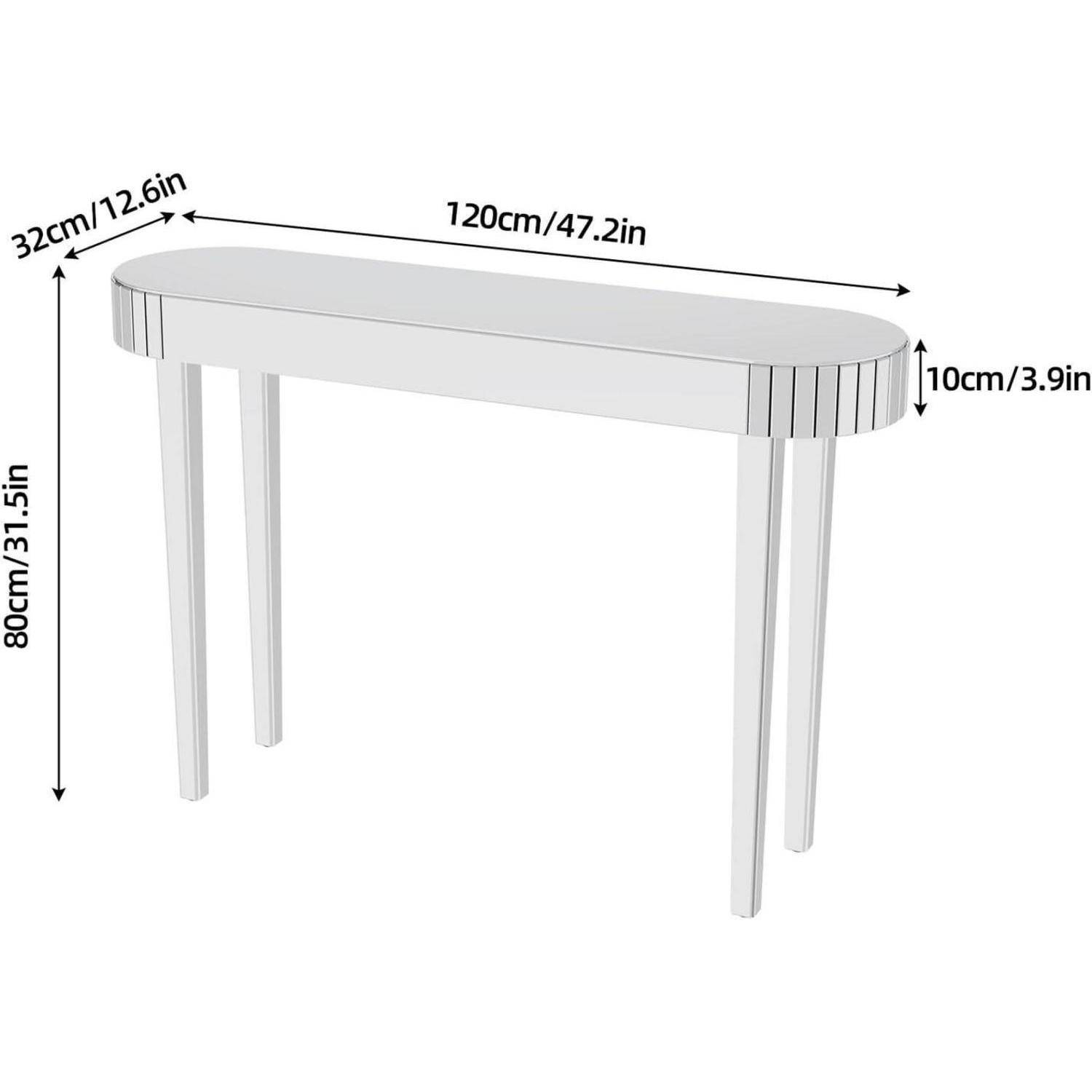 Ein weißer ovaler Tisch mit vier Beinen ist abgebildet. Maße: 120 cm (47,2 Zoll) lang, 32 cm (12,6 Zoll) breit und 80 cm (31,5 Zoll) hoch.
