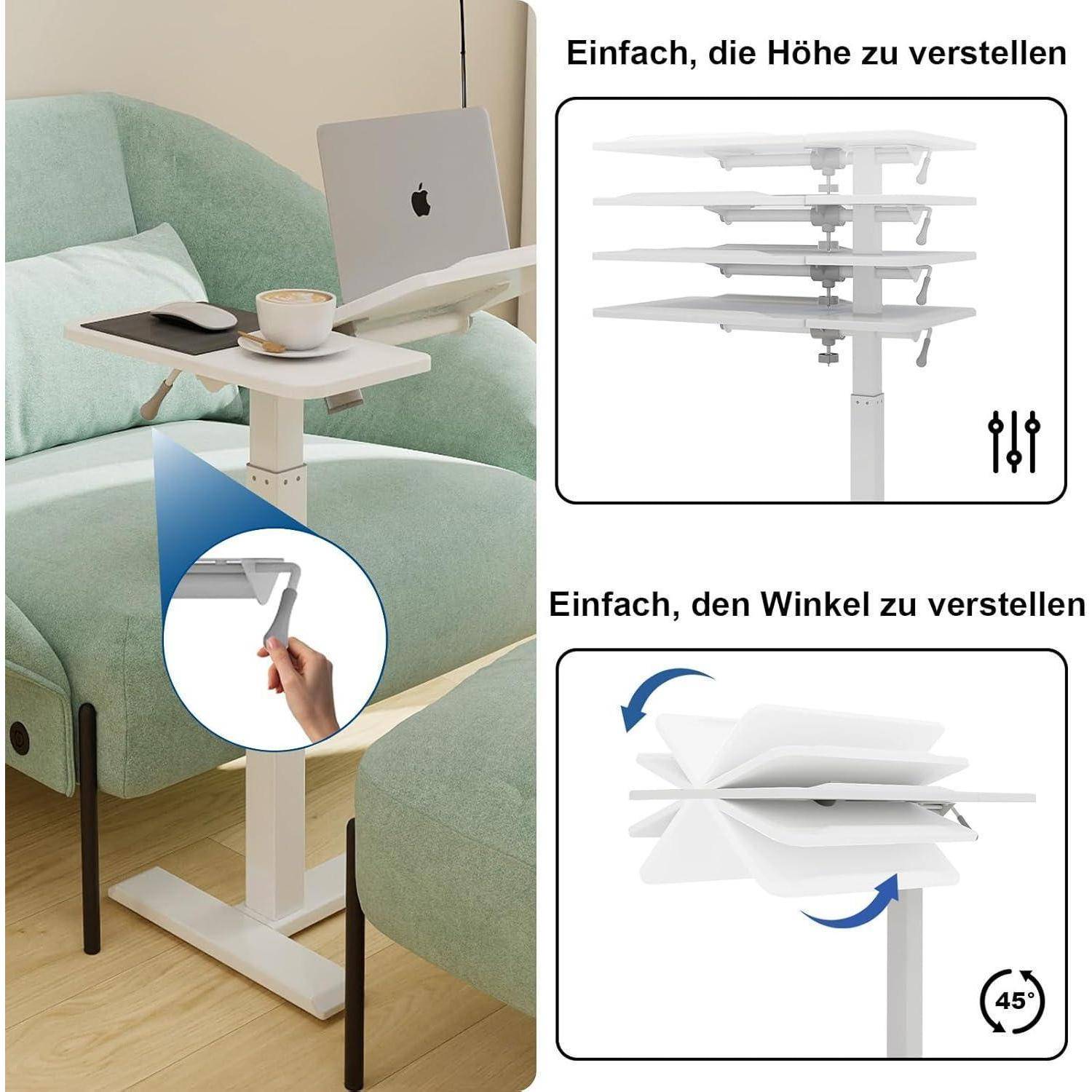 Verstellbarer Laptop-Ständer neben einem grünen Sofa; die Höhe kann durch seitliche Anpassungen verändert werden, und der Winkel lässt sich durch Neigung verändern.