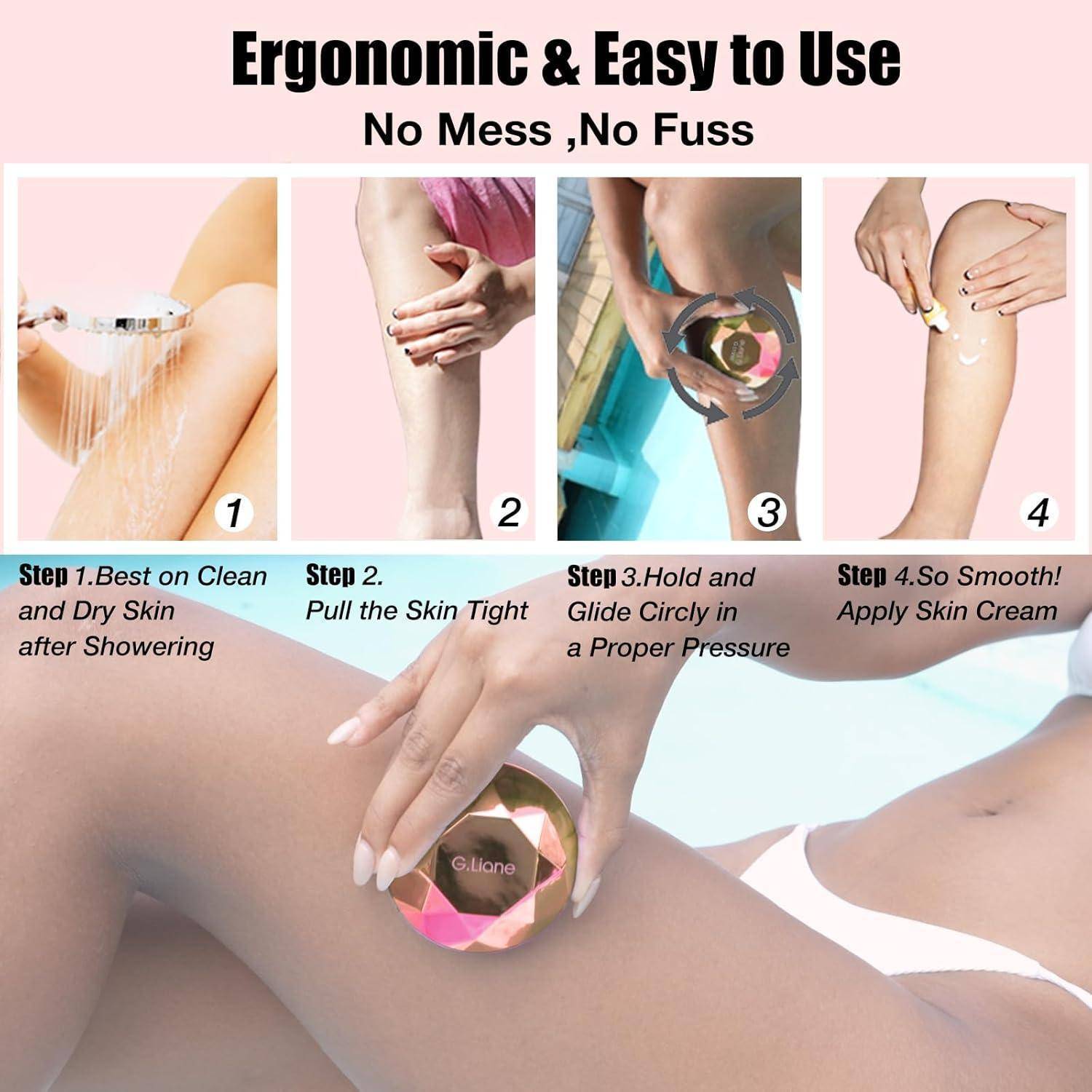 Ergonomische & leicht zu bedienende' Peeling-Prozess mit vier Schritten: waschen, Haut straffen, halten und gleiten, Hautcreme auftragen. Beinpflege-Schwerpunkt.