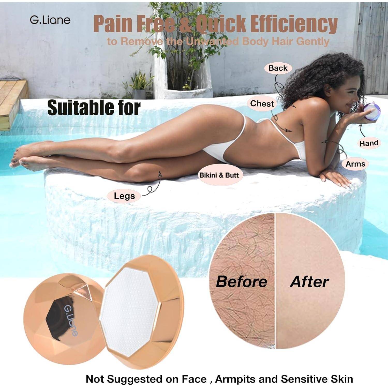 Eine Frau in einem Bikini verwendet ein Haarentfernungsprodukt neben einem Pool. Einblendungen zeigen 'Vorher'- und 'Nachher'-Bilder der Haut. Der Text hebt die Bereiche der Produktanwendung hervor.