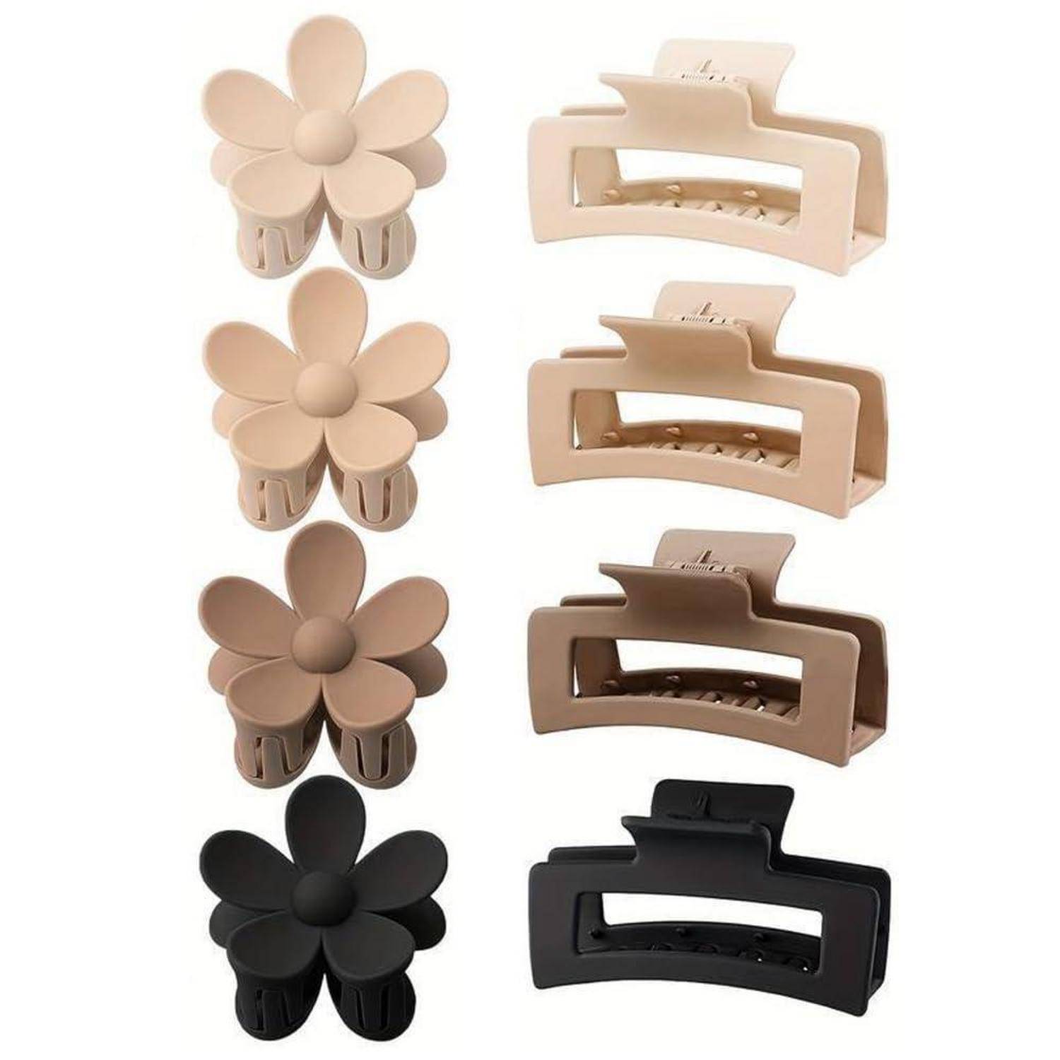 Eine Sammlung von sechs Haarspangen, bestehend aus drei blumenförmigen Spangen in Beige und Grau sowie drei rechteckigen Spangen in Beige und Schwarz.