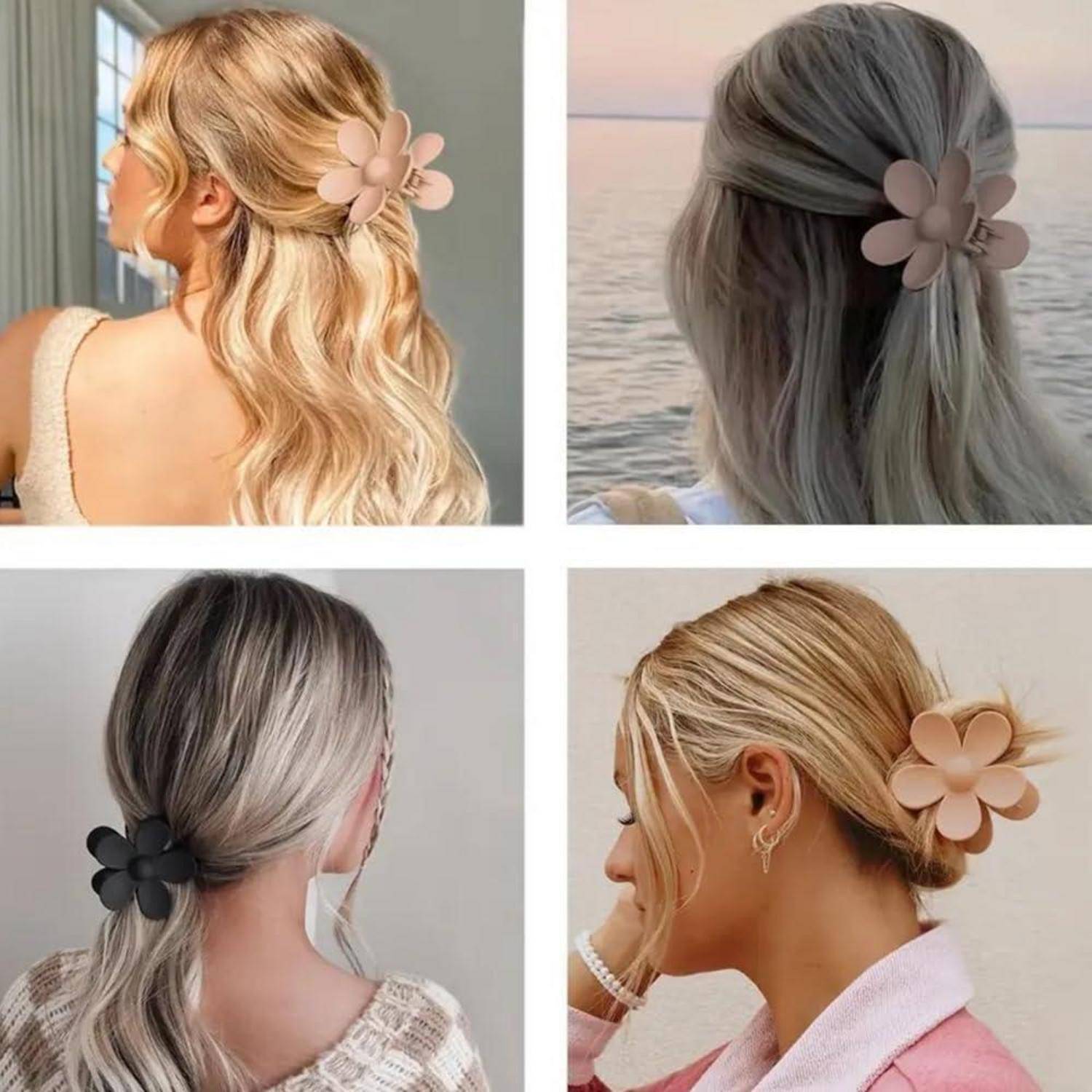 Vier Frauen präsentieren vielfältige Frisuren mit großen Blumen-Haarspangen, wobei jeder Stil in Länge, Farbe und Textur einzigartig ist, vor unterschiedlichen Hintergründen.