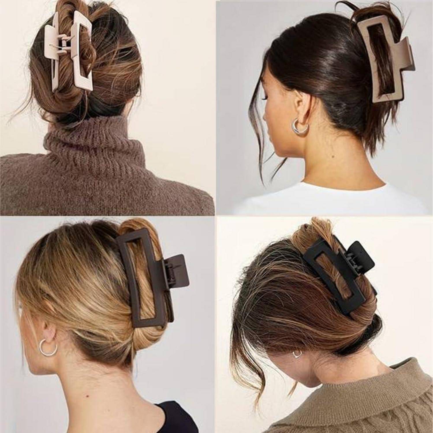 Vier Bilder von Frauen mit verschiedenen Frisuren, die große rechteckige Haarspangen in Beige, Braun und Schwarz tragen.