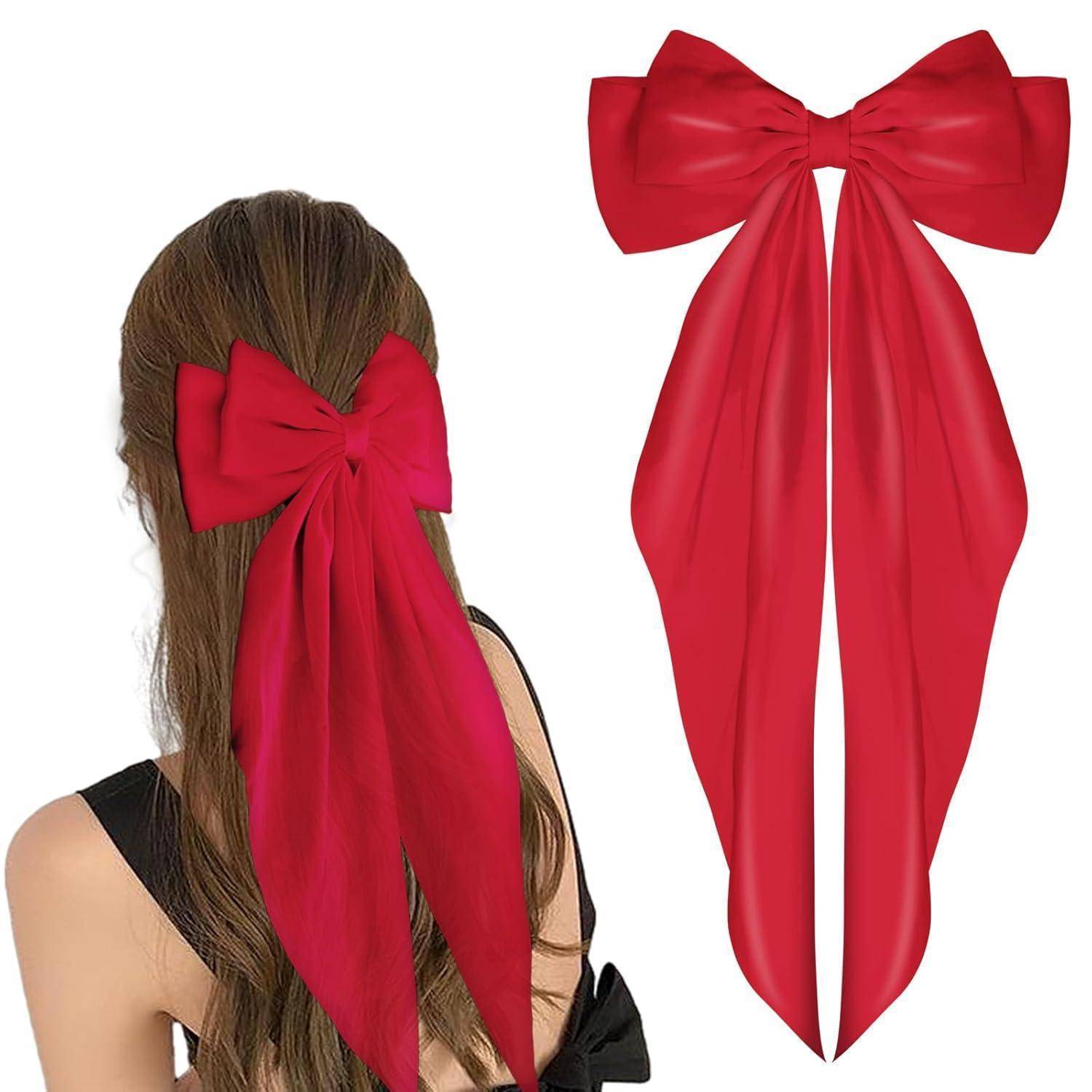Haarspangen mit großer Schleife Satin langer Schwanz Haarschmuck Rot