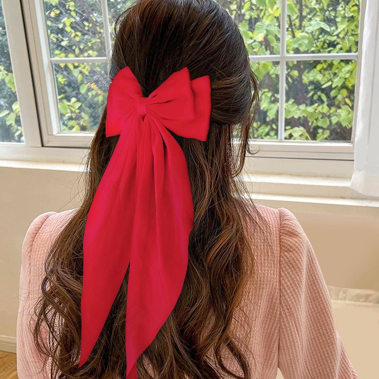 Haarspangen mit großer Schleife Satin langer Schwanz Haarschmuck Rot