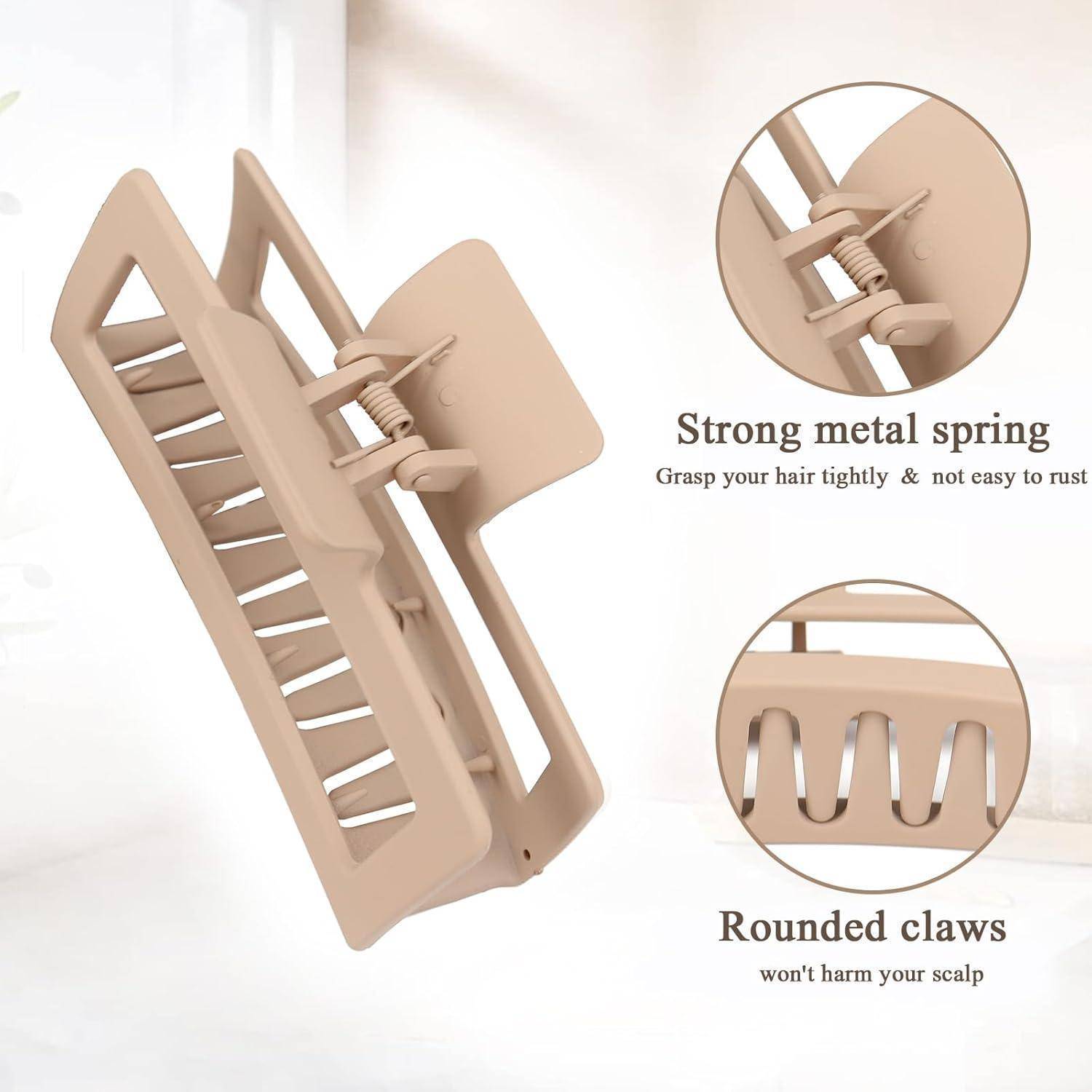 Beige Haarspange mit starkem Metallbügel für sicheren Halt und abgerundeten Krallen zum Schutz der Kopfhaut, dargestellt in zwei detaillierten Nahaufnahmen.