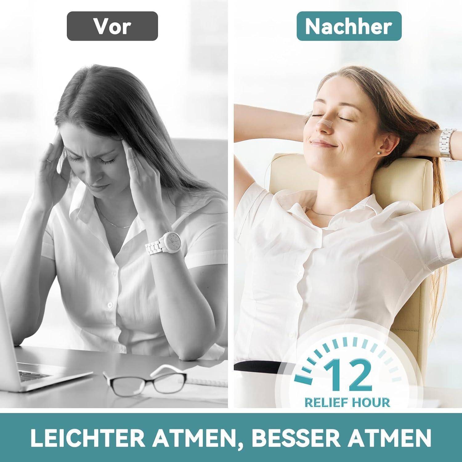 Vor' zeigt eine gestresste Frau an einem Schreibtisch; 'Nachher' zeigt sie entspannt in einem Stuhl. Text: 'LEICHTER ATMEN, BESSER ATMEN' und 'RELIEF HOUR'.