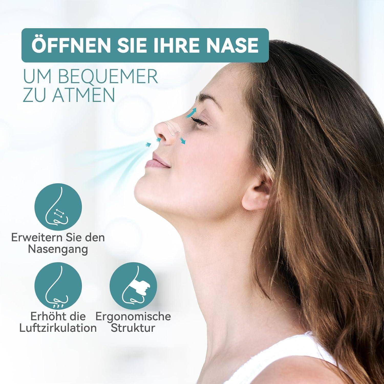 Eine Frau neigt ihren Kopf nach hinten und veranschaulicht die Leichtigkeit des Atmens. Text lautet: 'Öffnen Sie Ihre Nase' und 'Um bequemer zu atmen.' Symbole zeigen die Vorteile.