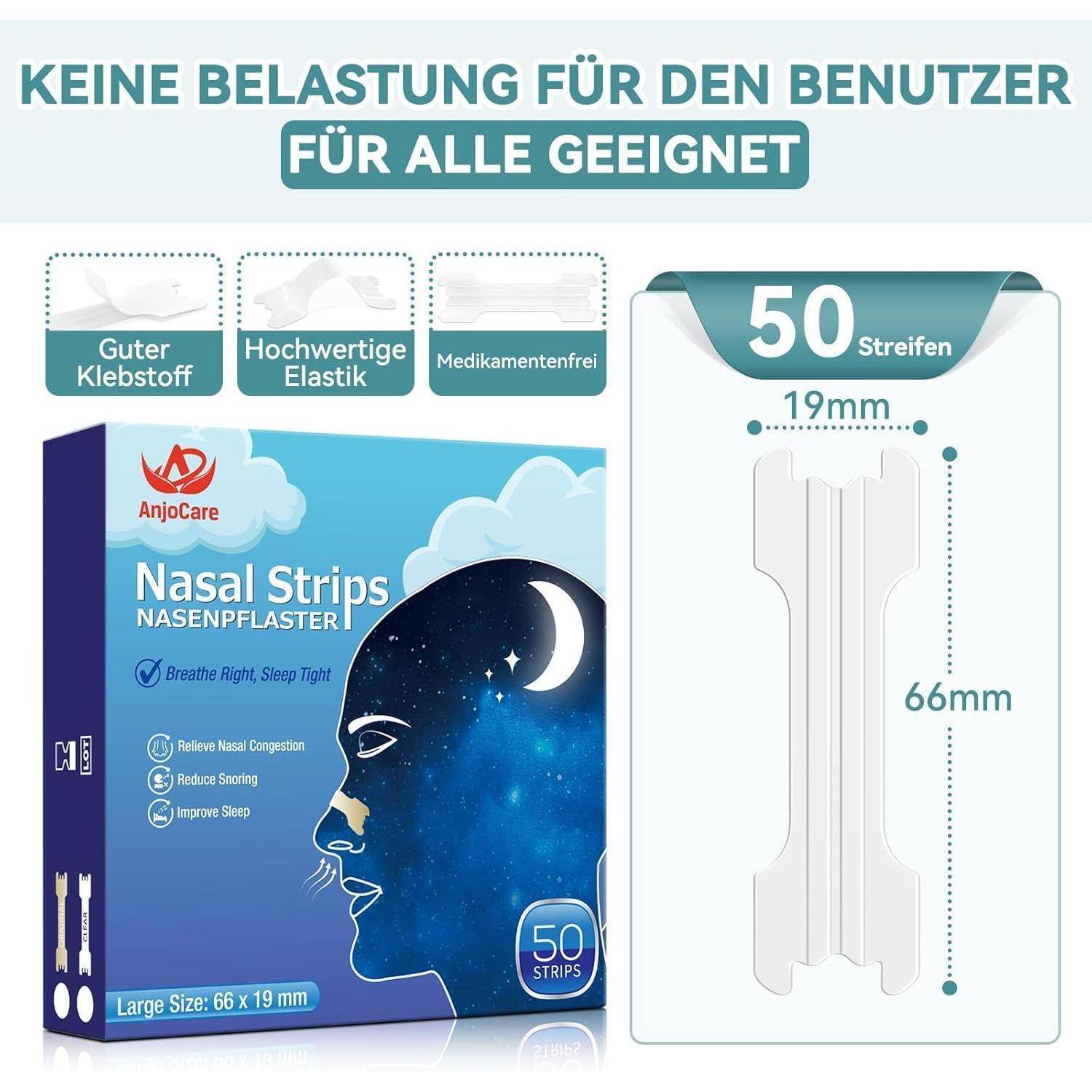 Nasenpflaster-Verpackung mit einem Design aus Mond und Sternen. Hervorgehobene Merkmale: gute Haftung, hohe Elastizität, frei von Medikamenten. Enthält 50 Pflaster.