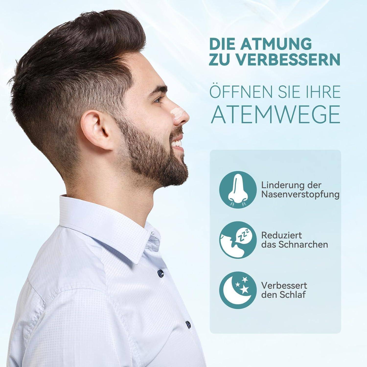 Ein Mann im Profil, der zufrieden aussieht, neben deutschem Text, der verbesserte Atmung, Reduzierung von Nasenverstopfung, Schnarchen und besseren Schlaf bewirbt.