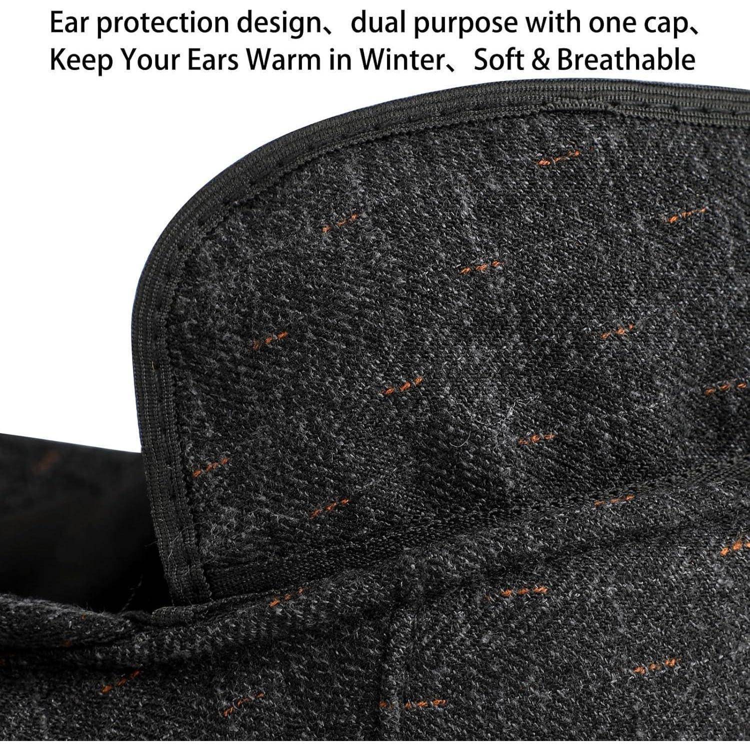 Eine schwarze strukturierte Wintermütze mit Ohrenschutz-Design; Text lautet: 