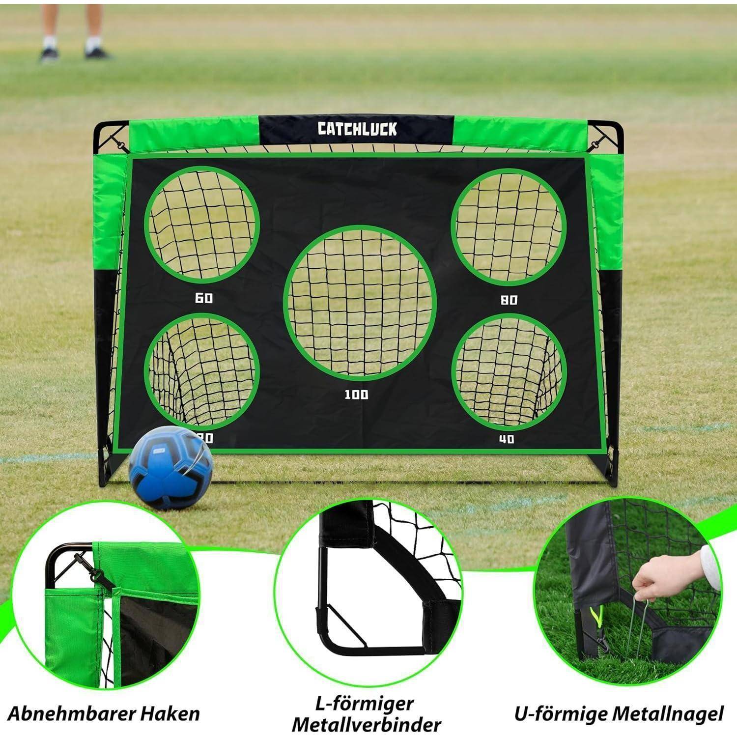 Catchluck' Fußball-Zielübungsnetz mit fünf nummerierten Zielen (90, 80, 60, 70, 100), die am Torrahmen befestigt sind; enthält Ball und Installationsdetails.